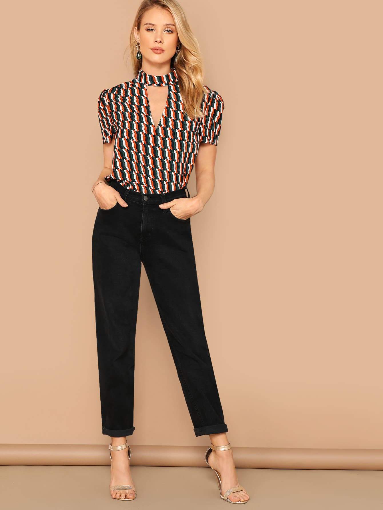 Stand Collar Choker Neck Geometric Print Top