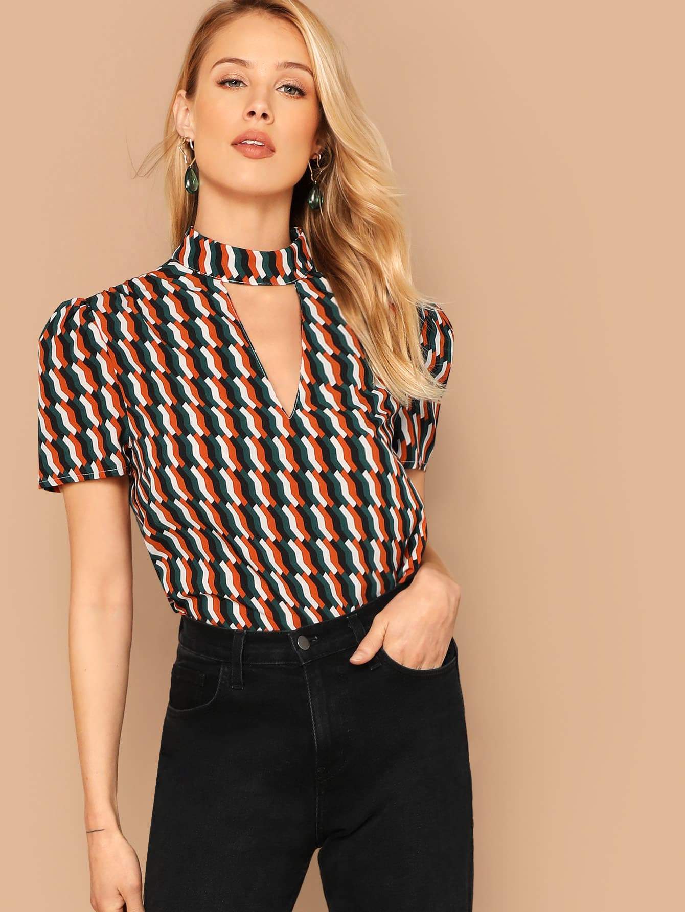 Stand Collar Choker Neck Geometric Print Top