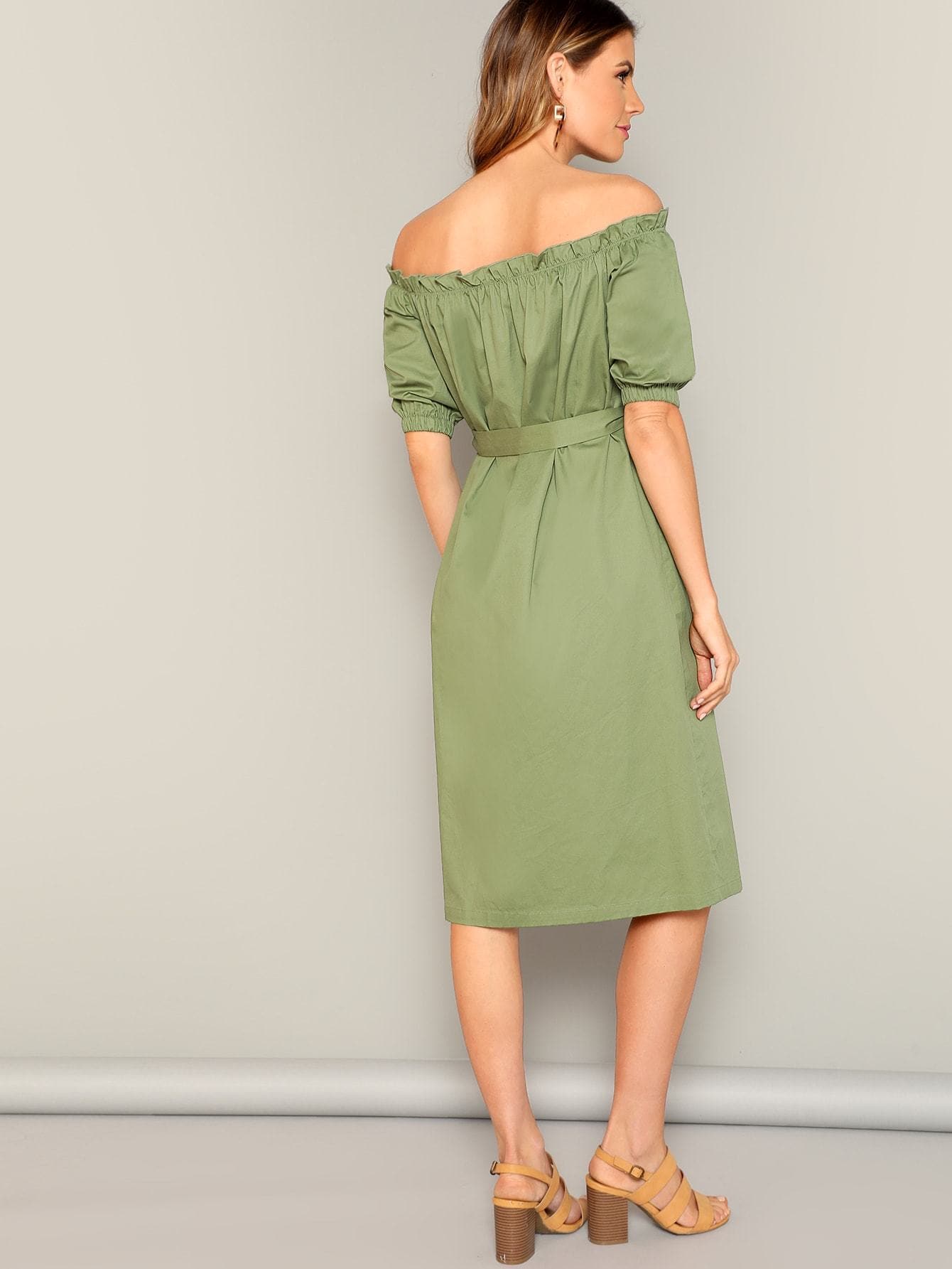 Army Green Button Through Flap Pocket Detail Belted Bardot Off Shoulder Dress