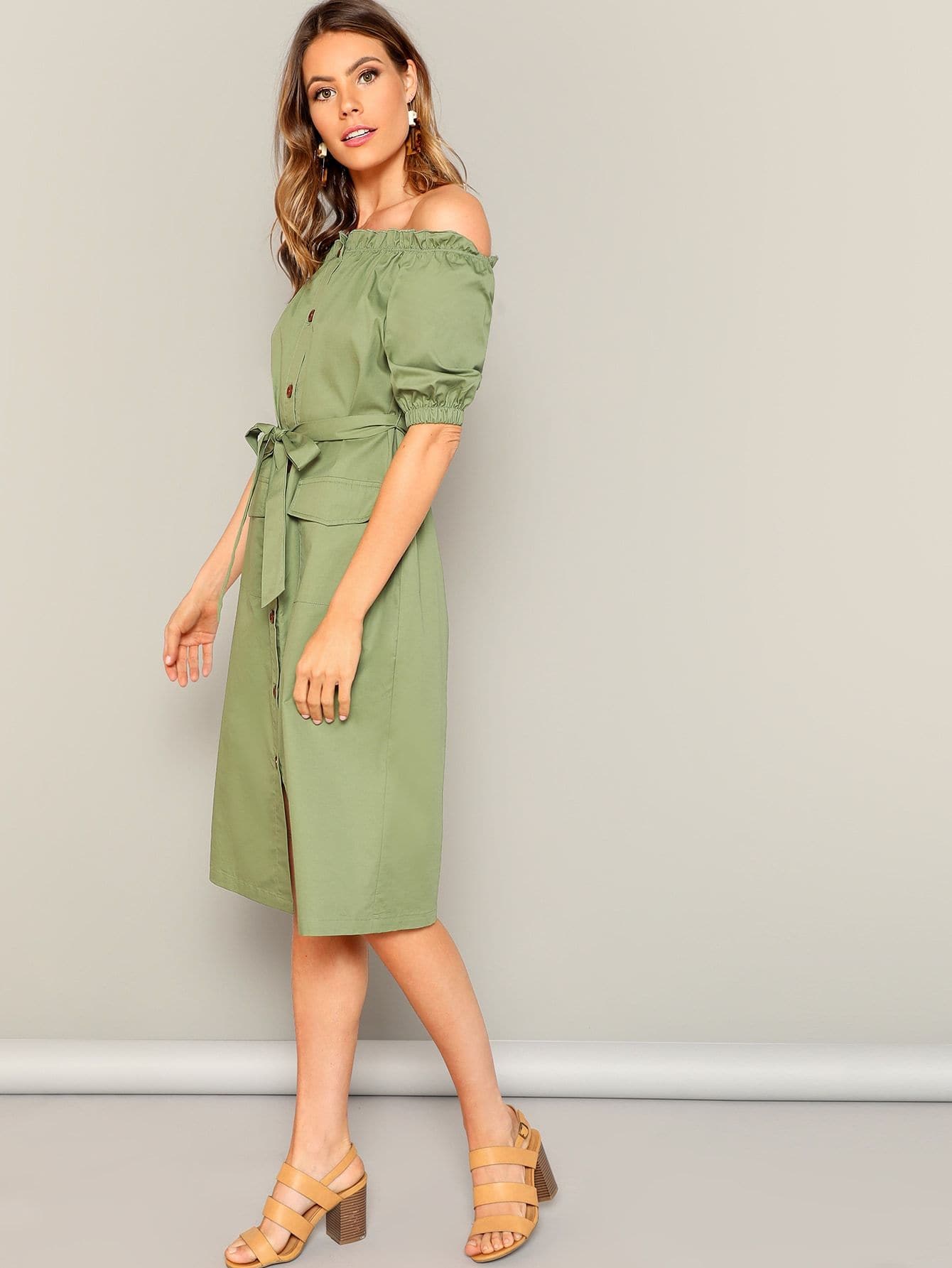 Army Green Button Through Flap Pocket Detail Belted Bardot Off Shoulder Dress