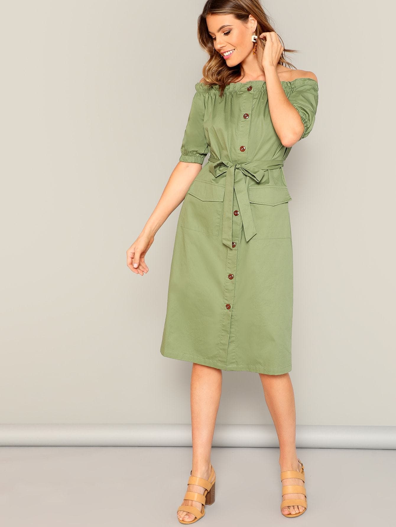 Army Green Button Through Flap Pocket Detail Belted Bardot Off Shoulder Dress