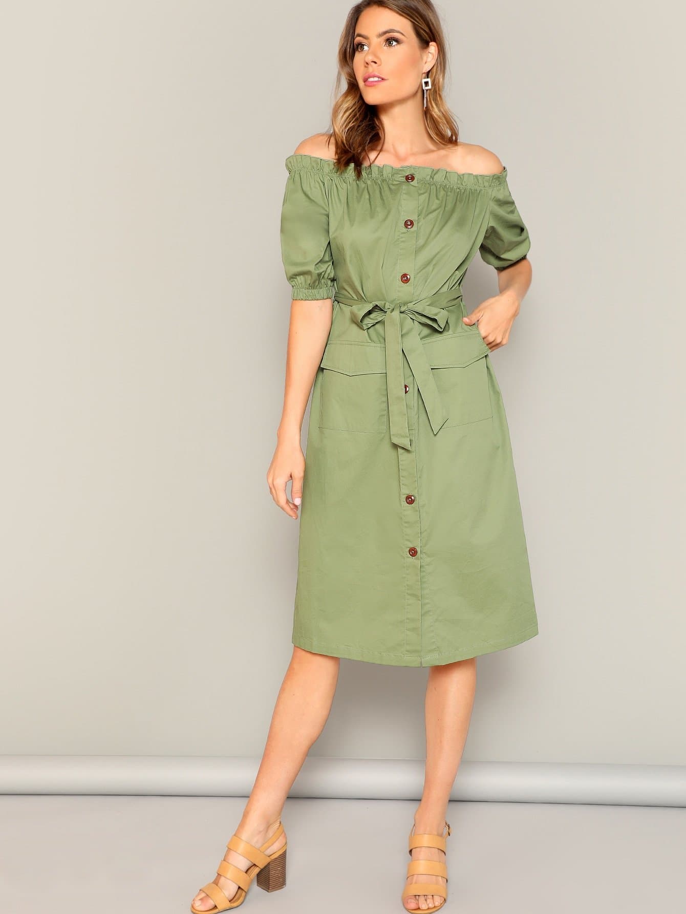 Army Green Button Through Flap Pocket Detail Belted Bardot Off Shoulder Dress