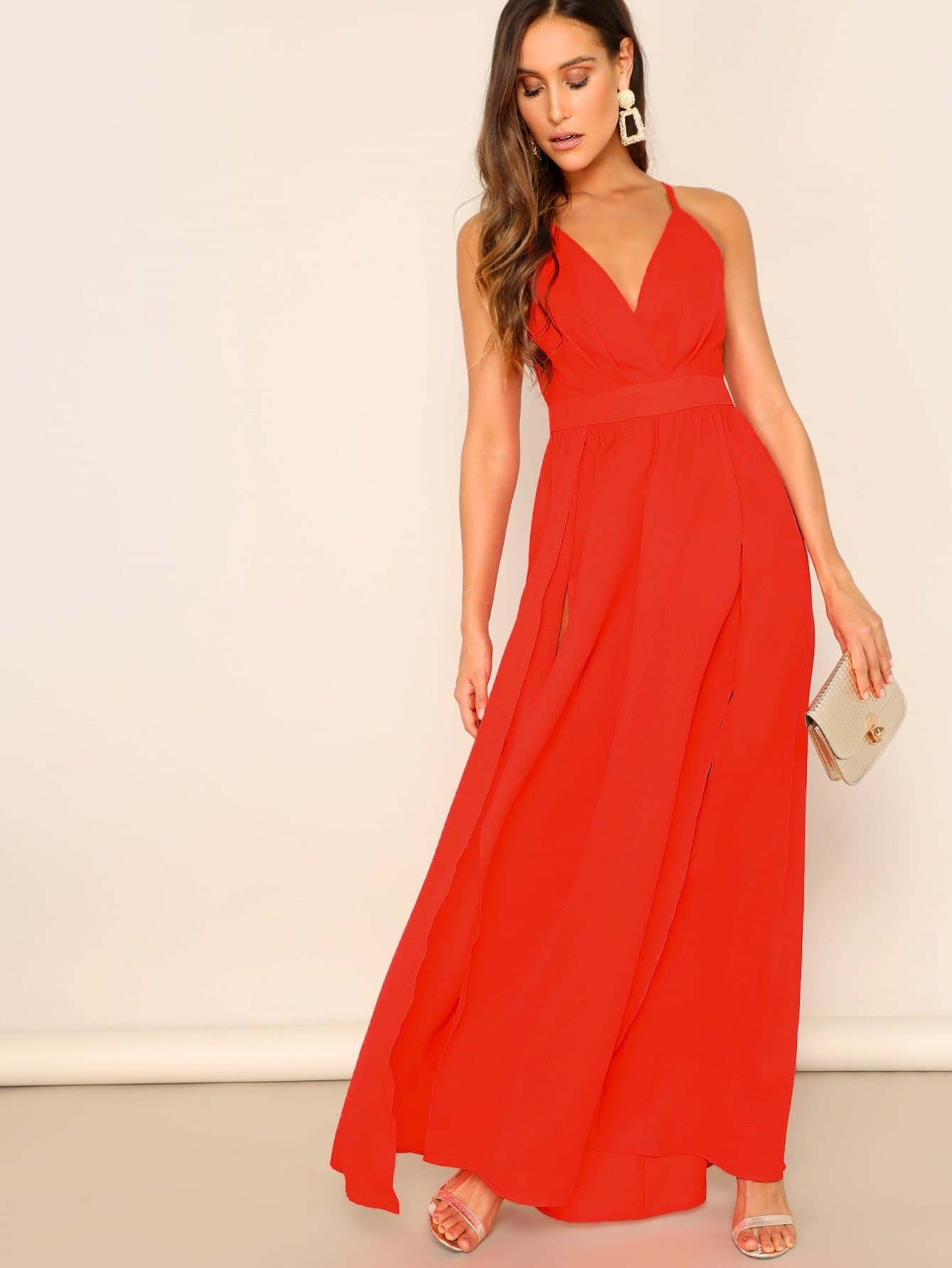 Spaghetti Strap Surplice Neck Crisscross Back Split Thigh Dress