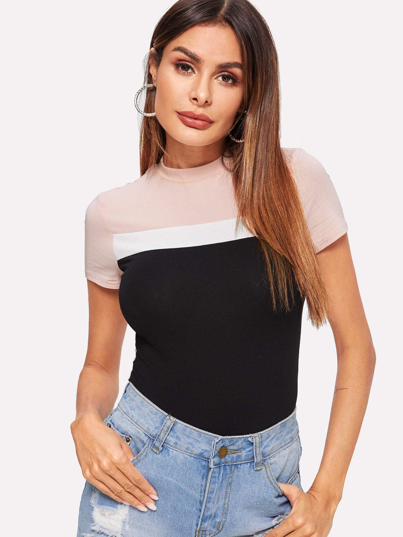 Short Sleeve Mock-neck Color Block Tee