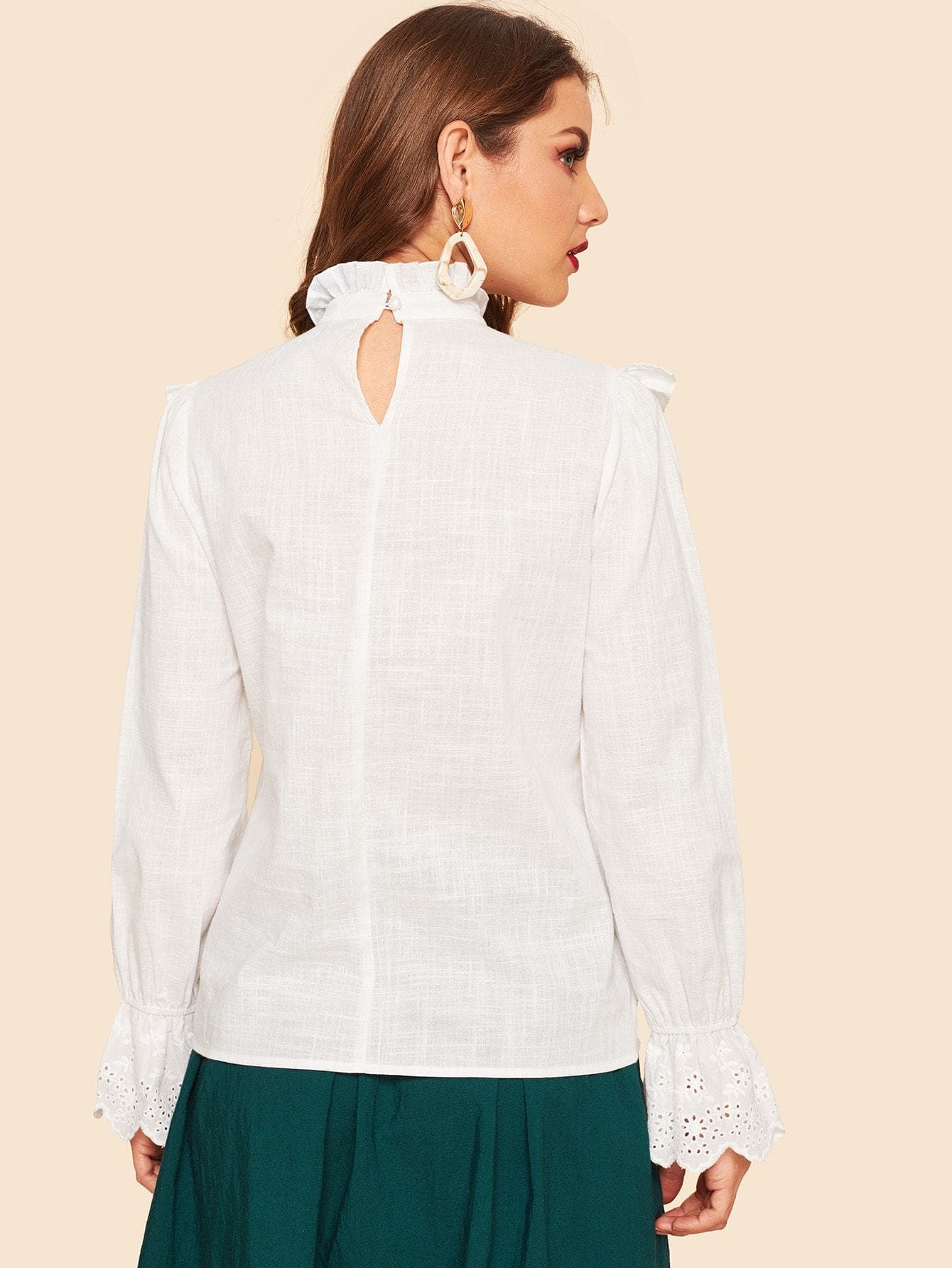 White Stand Collar Frilled Neck Ruffle Trim Laser Cut Cuff Top