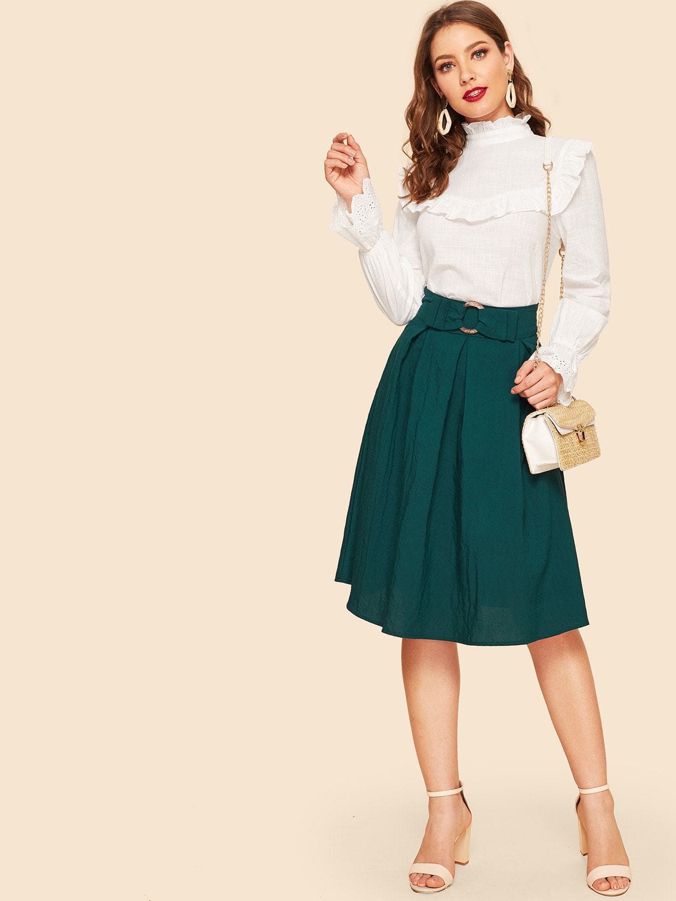White Stand Collar Frilled Neck Ruffle Trim Laser Cut Cuff Top