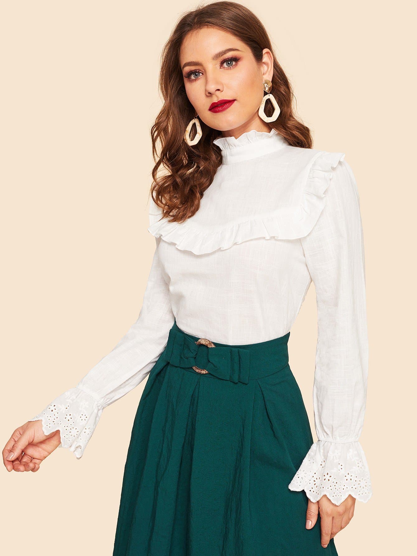 White Stand Collar Frilled Neck Ruffle Trim Laser Cut Cuff Top