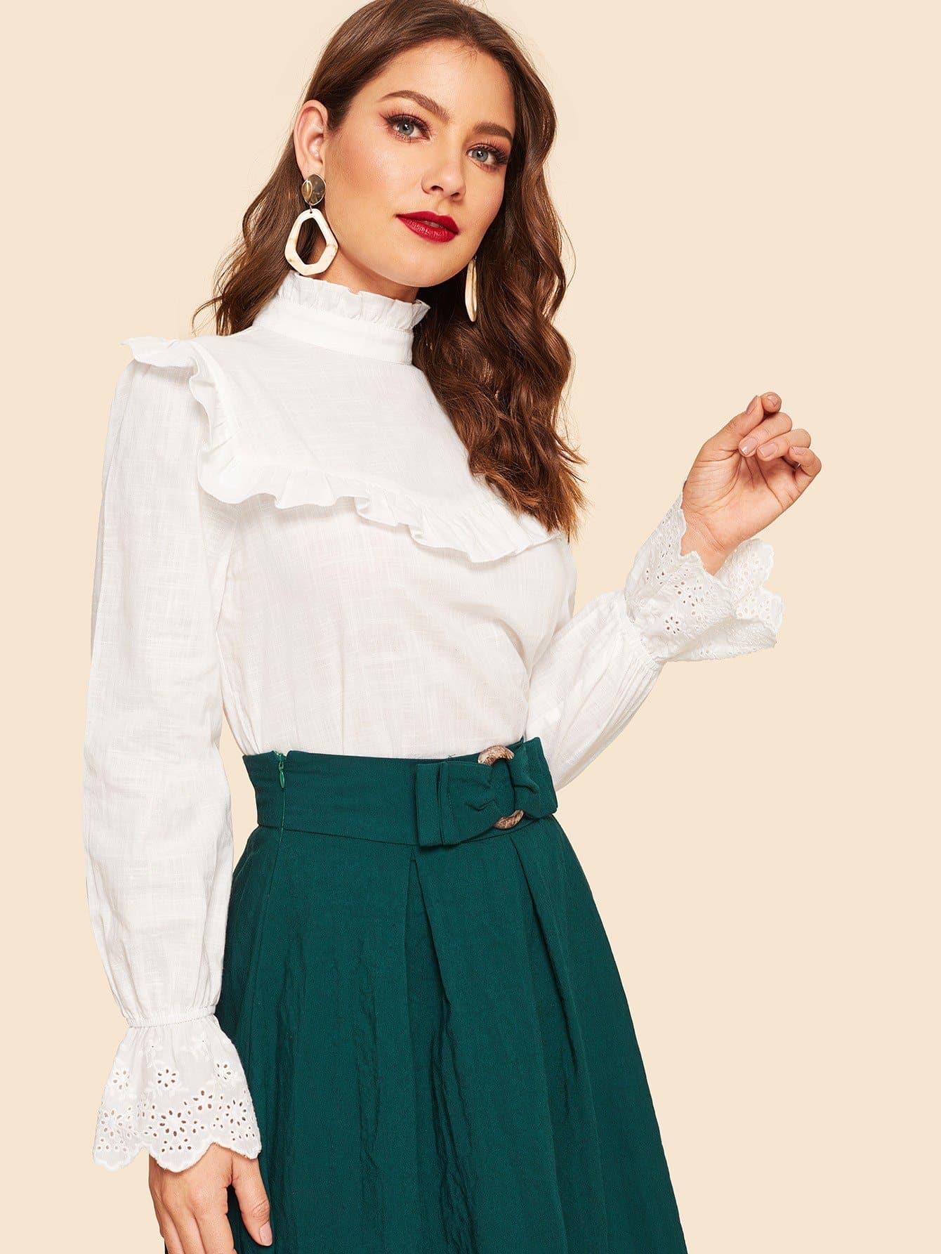 White Stand Collar Frilled Neck Ruffle Trim Laser Cut Cuff Top