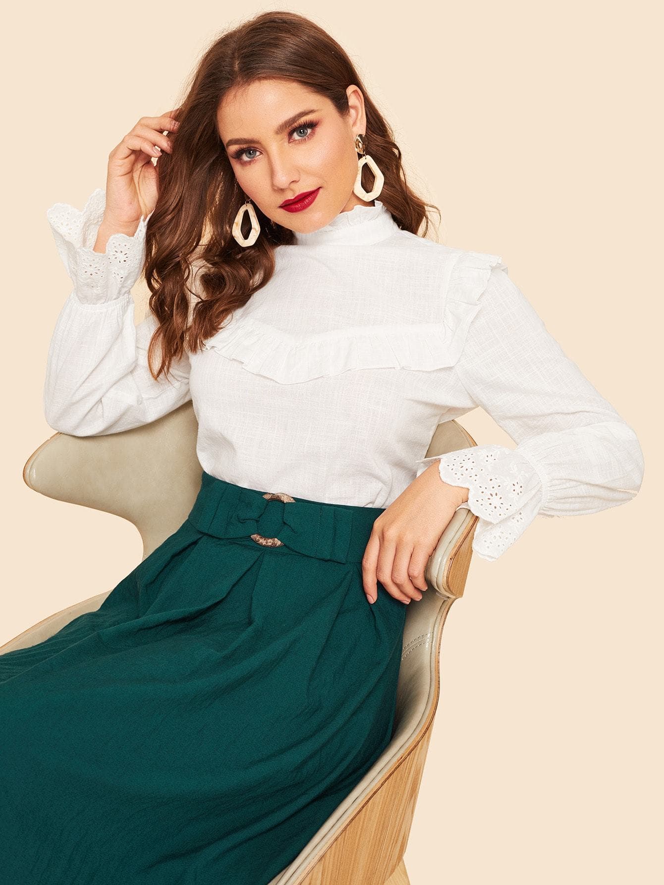 White Stand Collar Frilled Neck Ruffle Trim Laser Cut Cuff Top