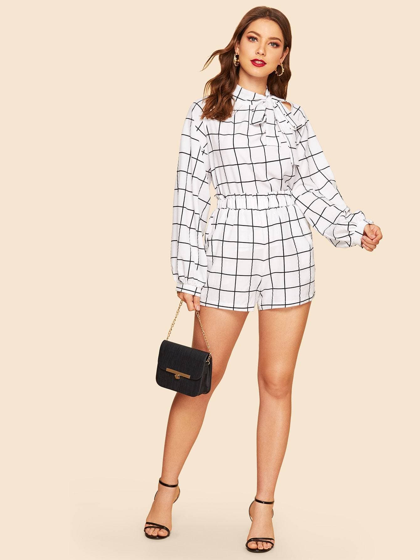 White Polyester 70s Tie Neck Grid Top & Elastic Waist Shorts Set