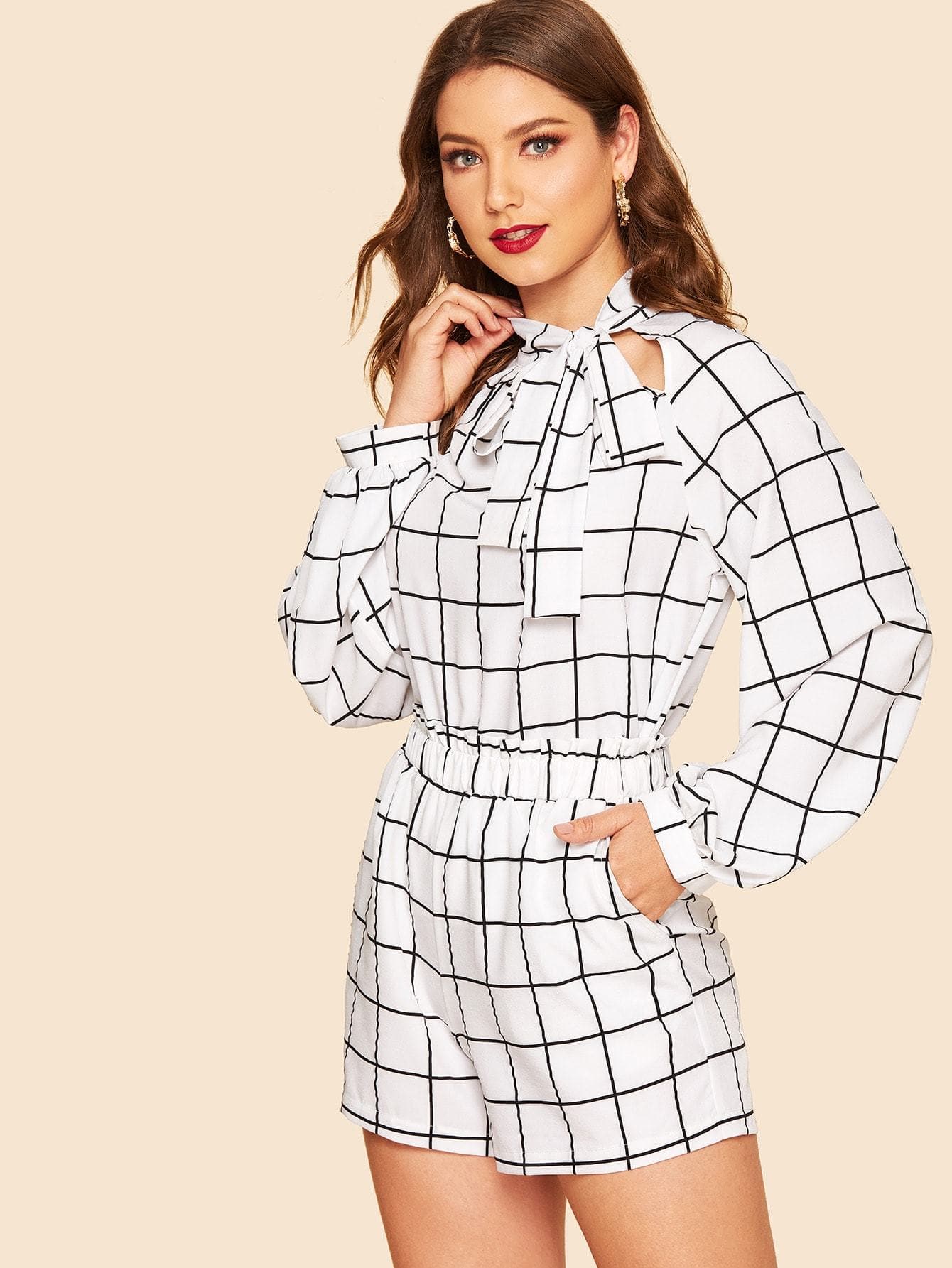 White Polyester 70s Tie Neck Grid Top & Elastic Waist Shorts Set