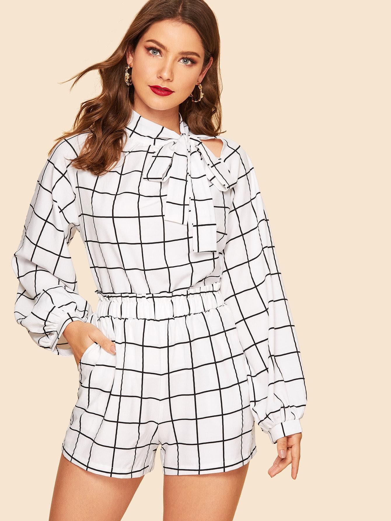 White Polyester 70s Tie Neck Grid Top & Elastic Waist Shorts Set