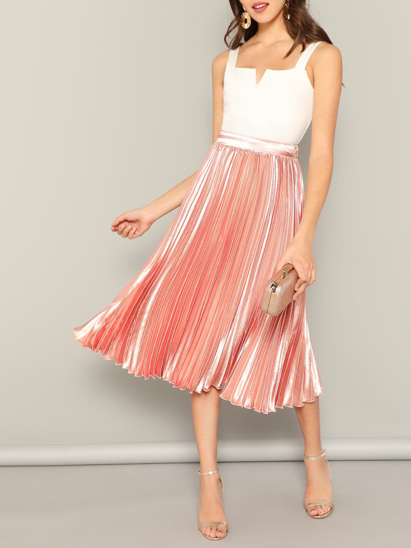 Pink Polyester Elastic Waist Solid Pleated Skirt