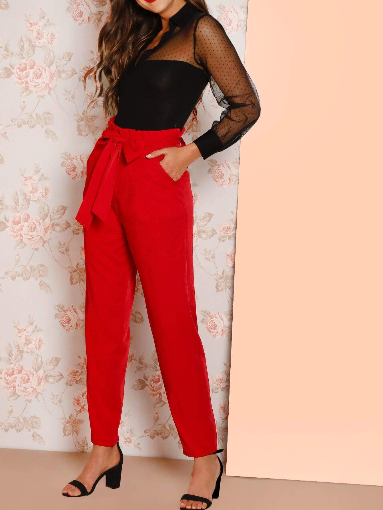 Red High Paper-bag Waist Peg Leg Tapered Pants