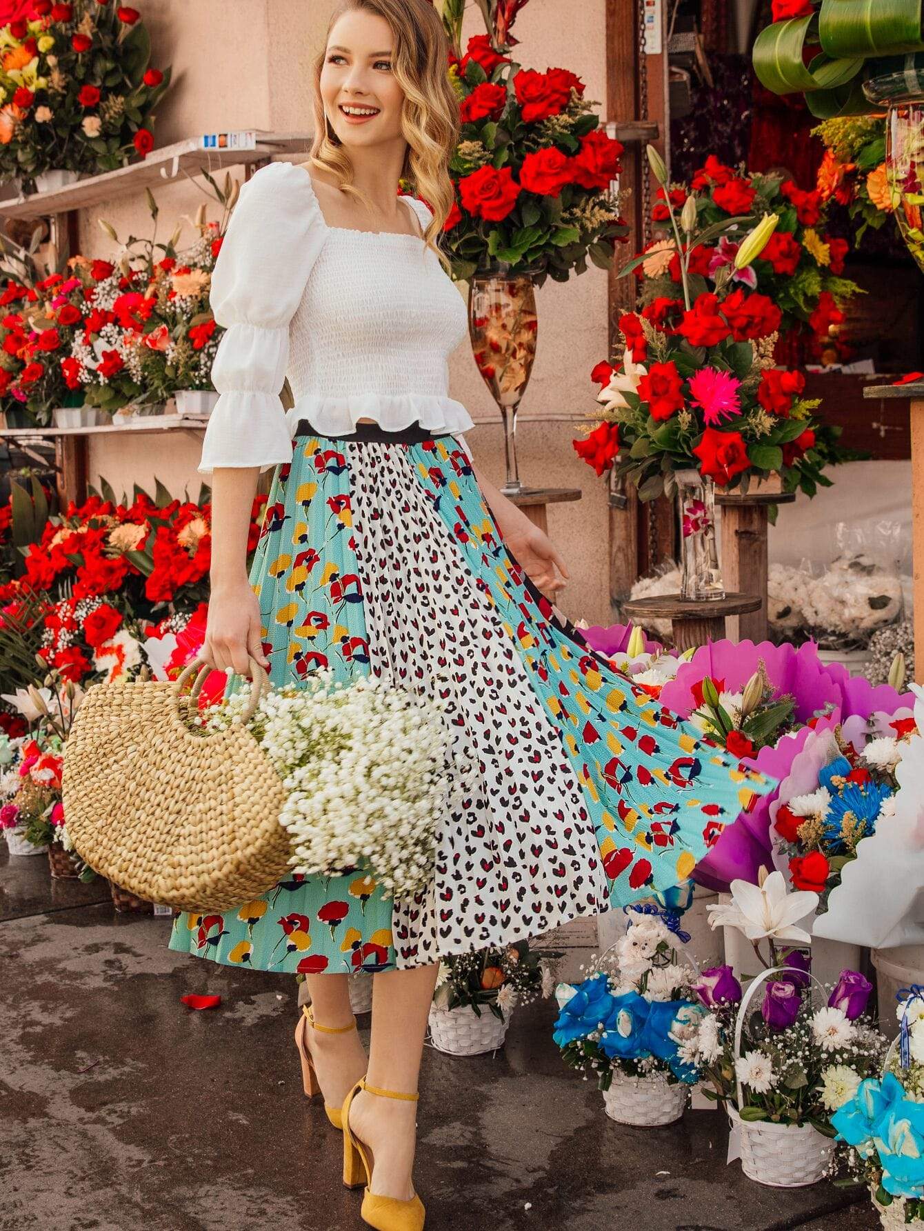 Polyester Mid Waist Leopard and Floral Print Pleated Skirt
