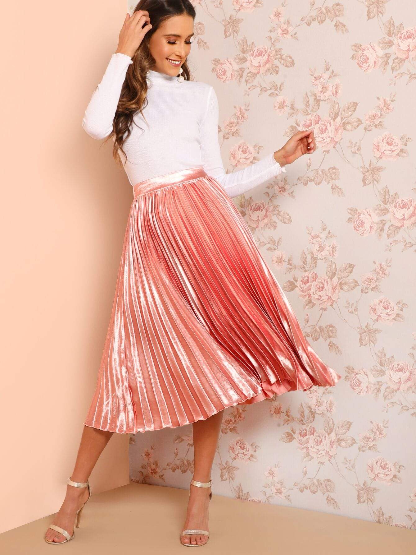 Pink Polyester Elastic Waist Solid Pleated Skirt