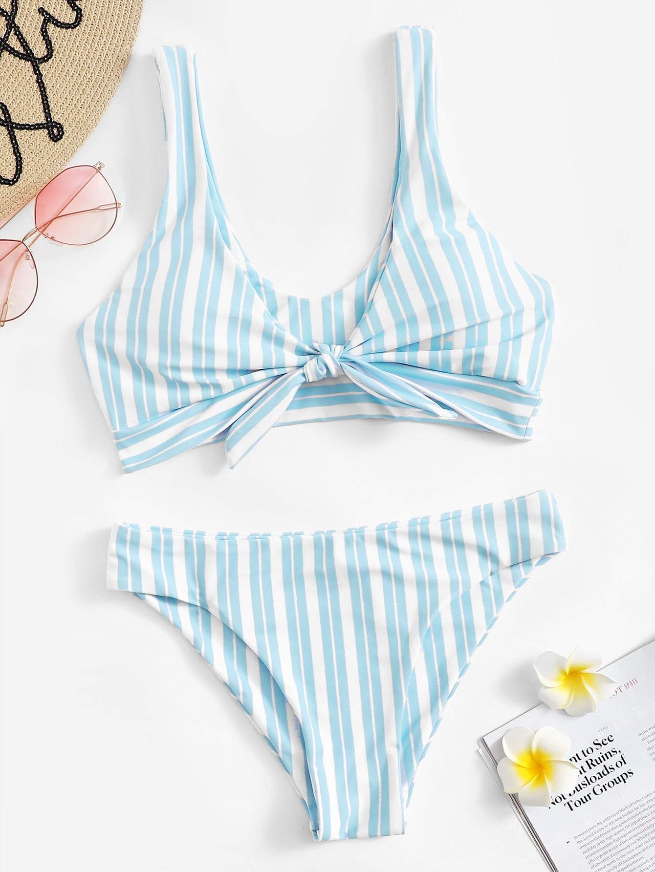 Plunge Neck Low Rise Random Striped Knot Front Bikini Swimwear