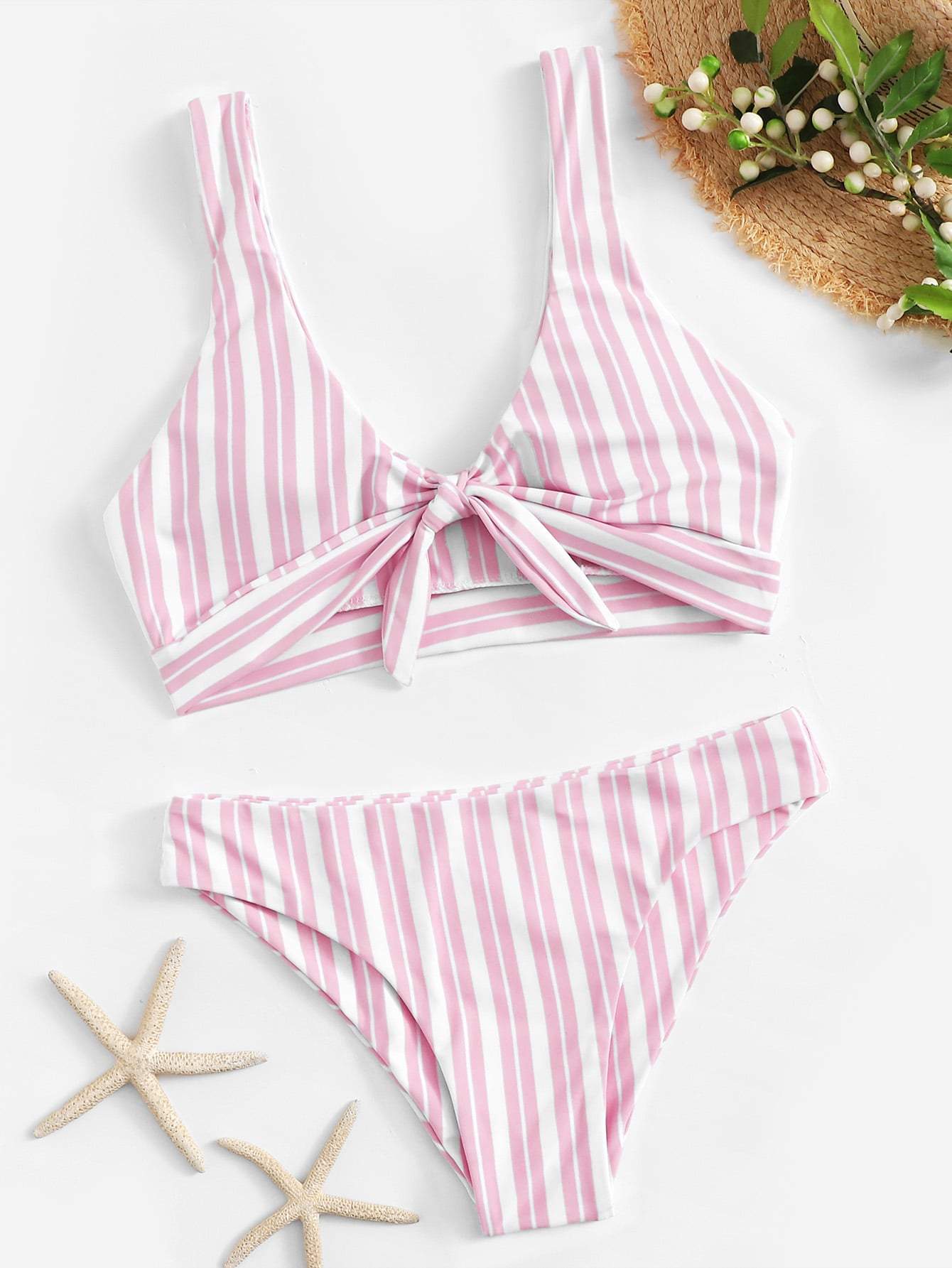 Plunge Neck Low Rise Random Striped Knot Front Bikini Swimwear
