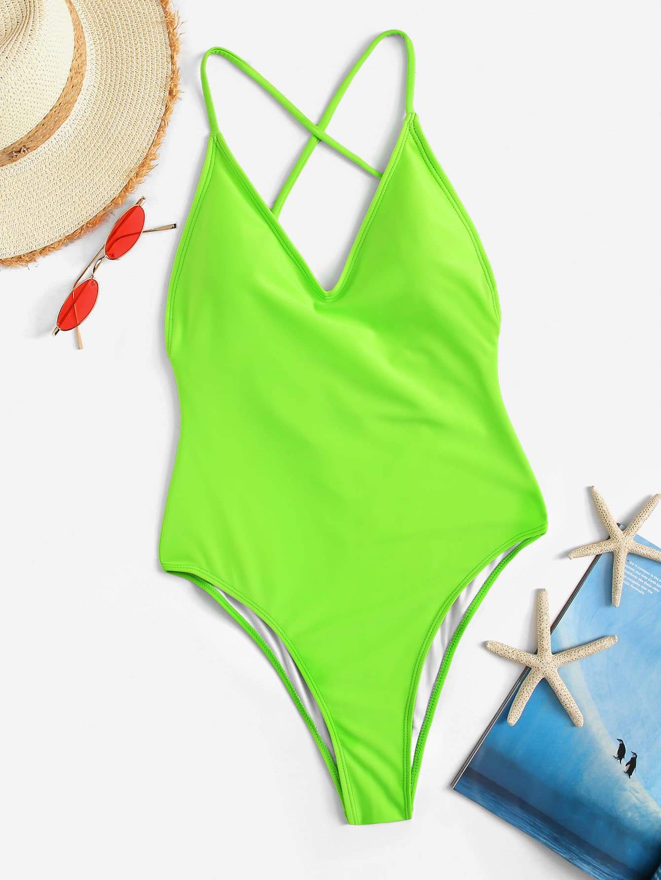 Criss Cross Plunge Neck Tie Back Push Up One Piece Swimsuit