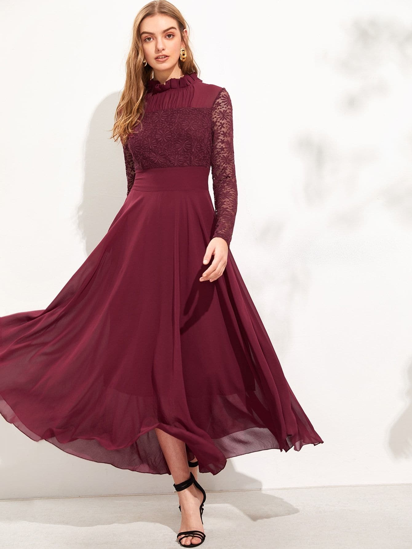 Round Neck Long Sleeve Contrast Lace Buttoned Keyhole Dress