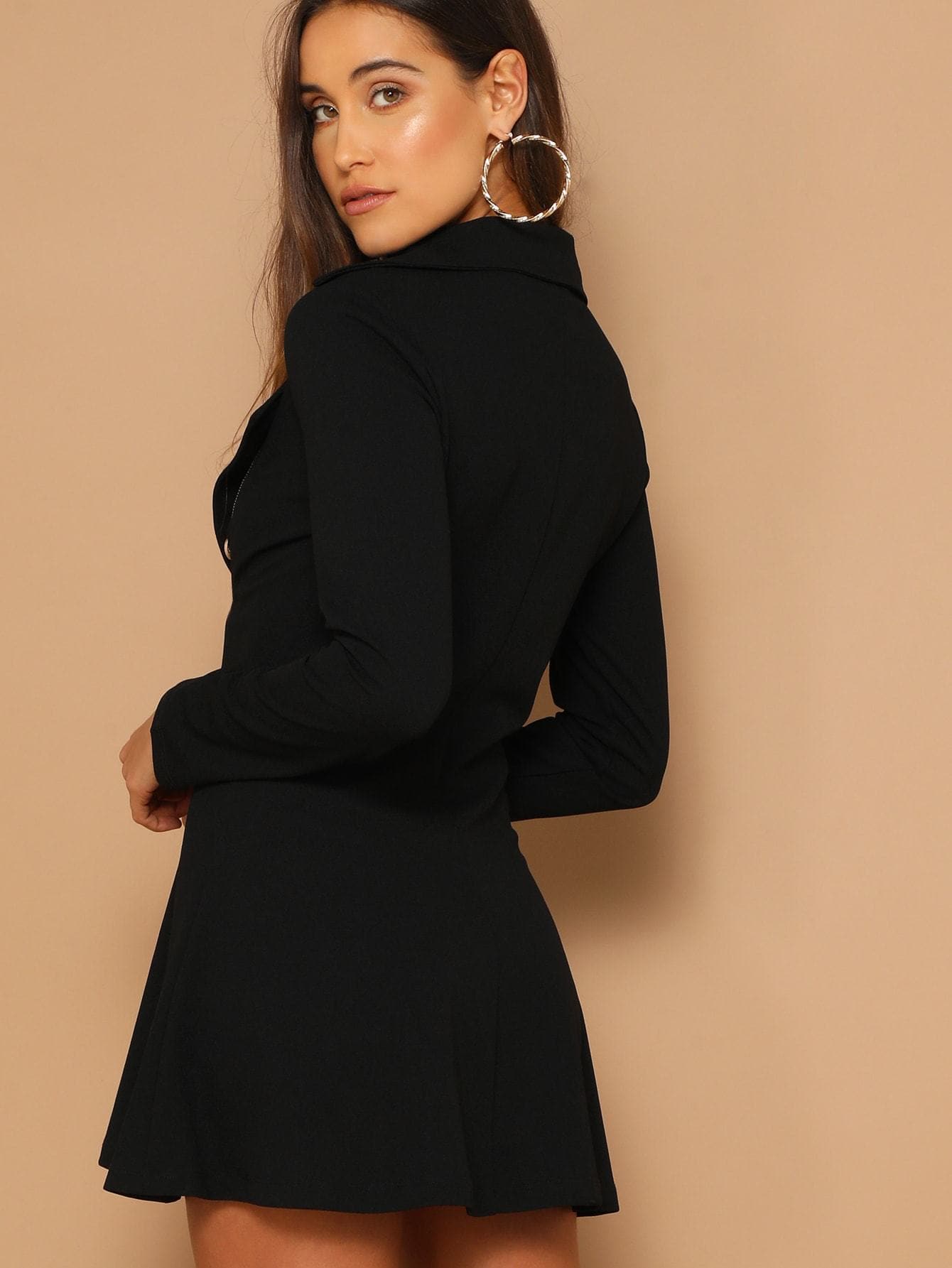 Long Sleeve Notched Neckline Double Breasted Detail Asymmetrical Zip Up Dress