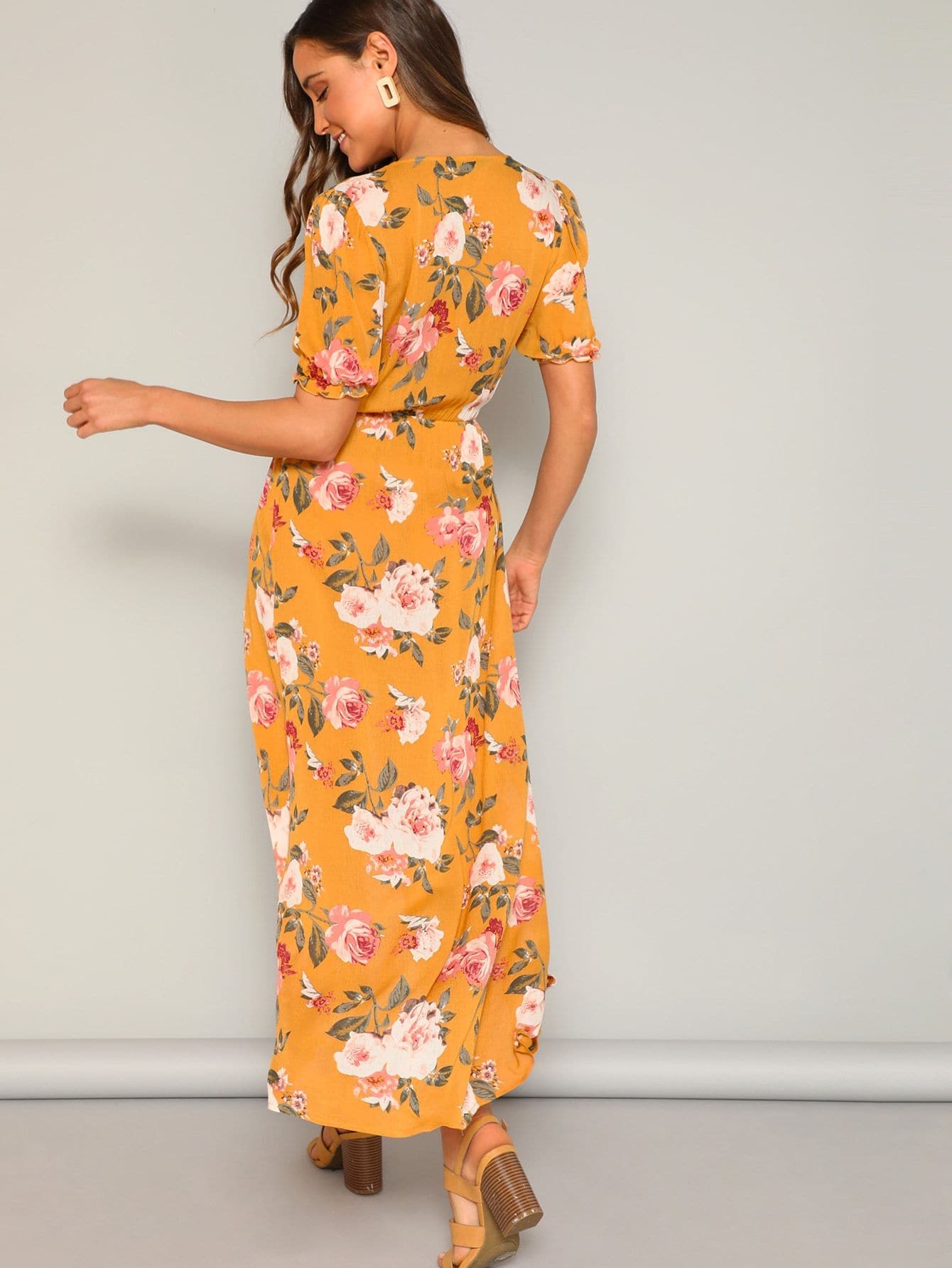 Ginger Deep V Neck Flower Print Frilled Cuff Surplice Wrap Dress