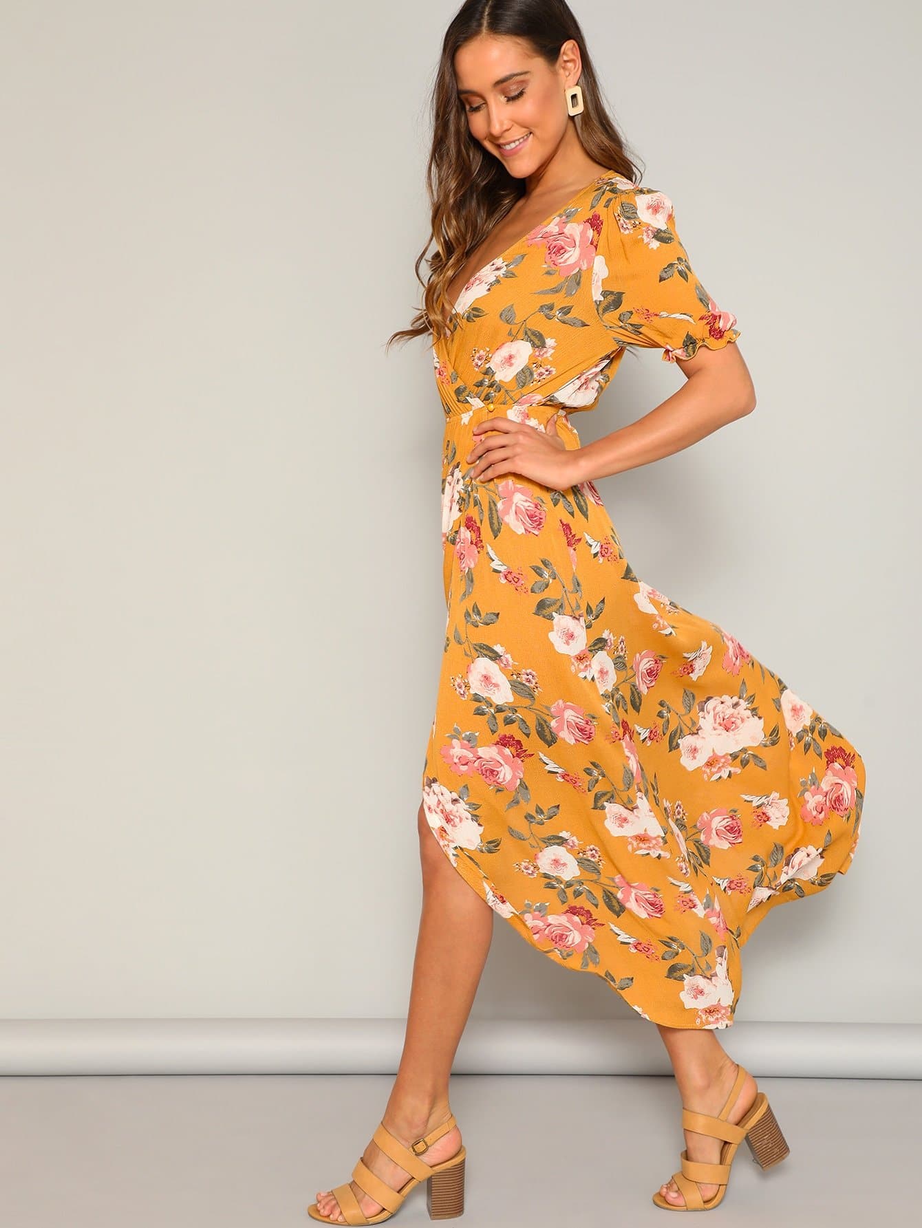 Ginger Deep V Neck Flower Print Frilled Cuff Surplice Wrap Dress