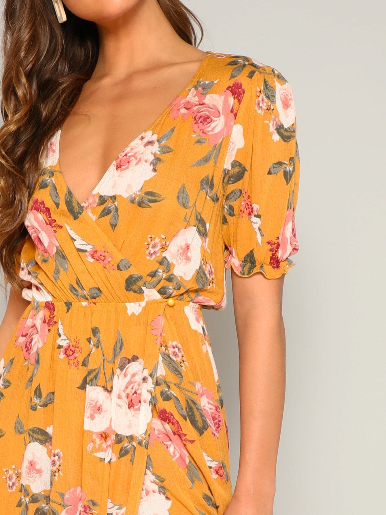 Ginger Deep V Neck Flower Print Frilled Cuff Surplice Wrap Dress