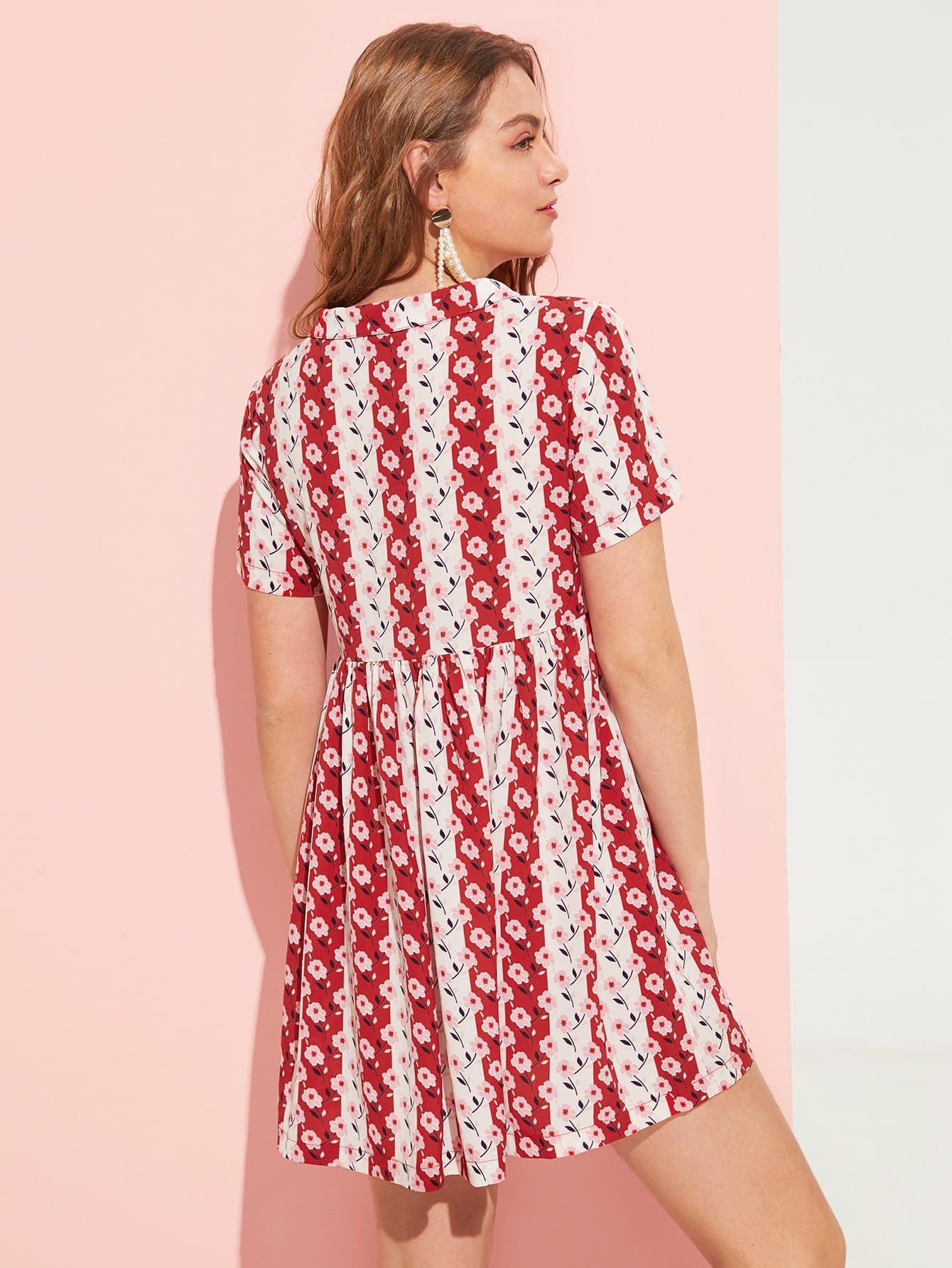 Short Sleeve Allover Floral Print Striped Collared Dress