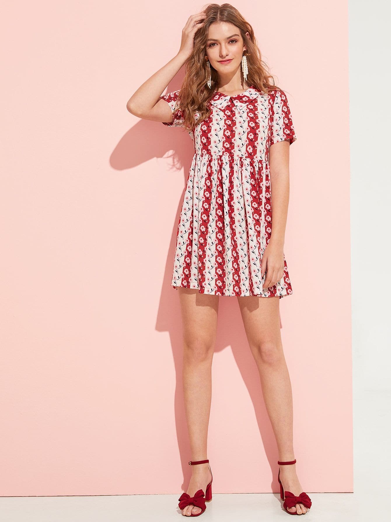Short Sleeve Allover Floral Print Striped Collared Dress