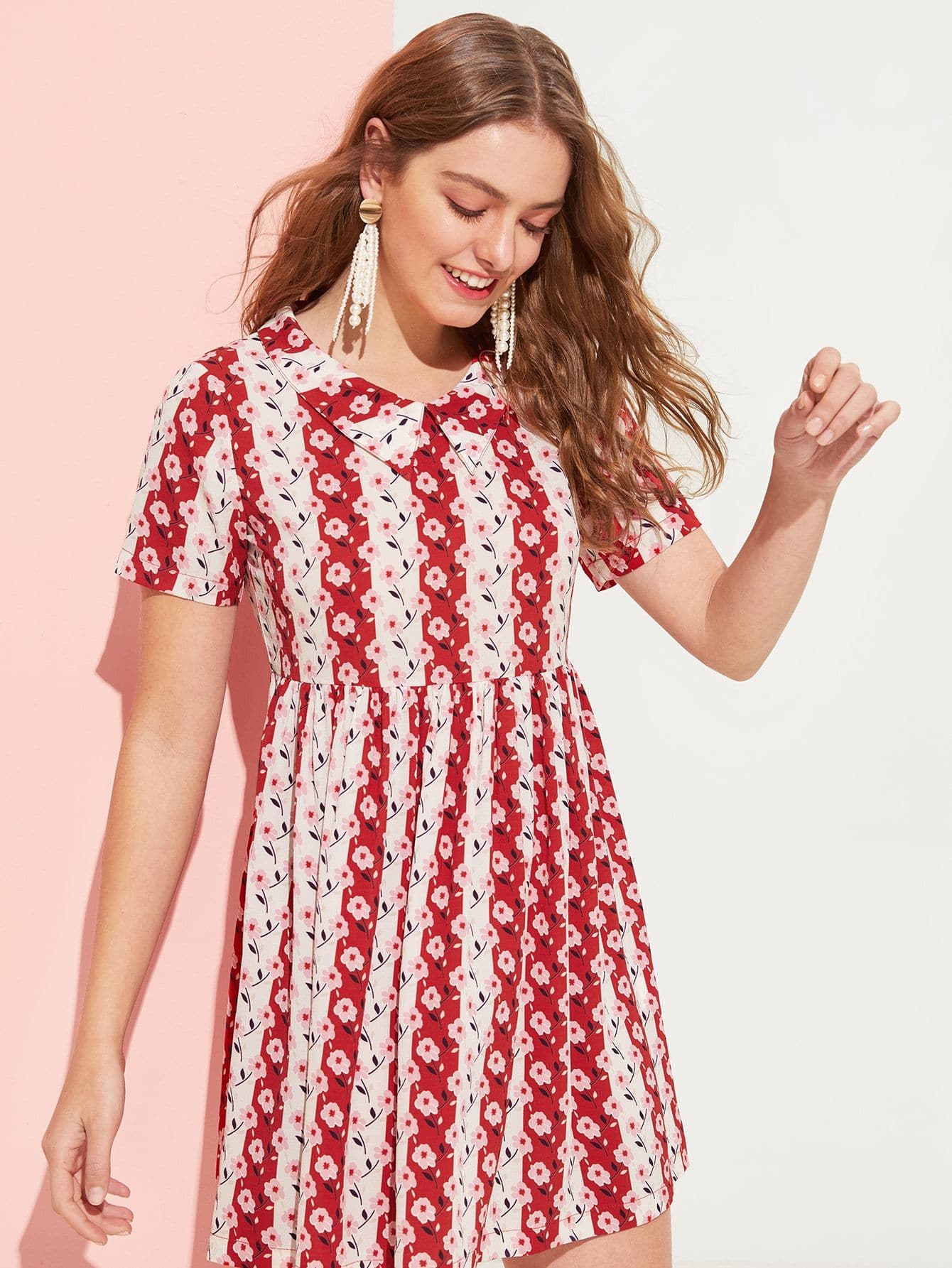 Short Sleeve Allover Floral Print Striped Collared Dress