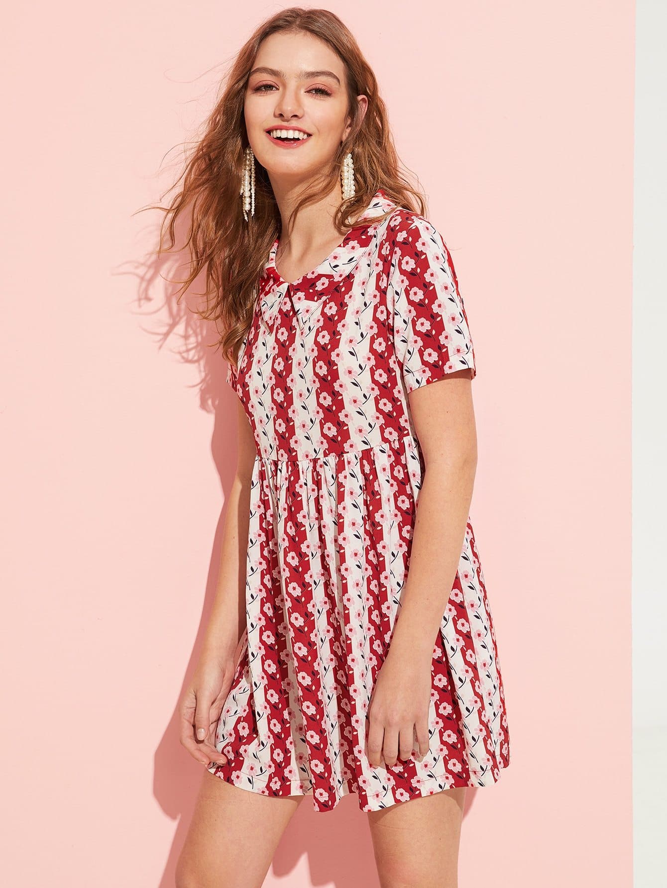 Short Sleeve Allover Floral Print Striped Collared Dress