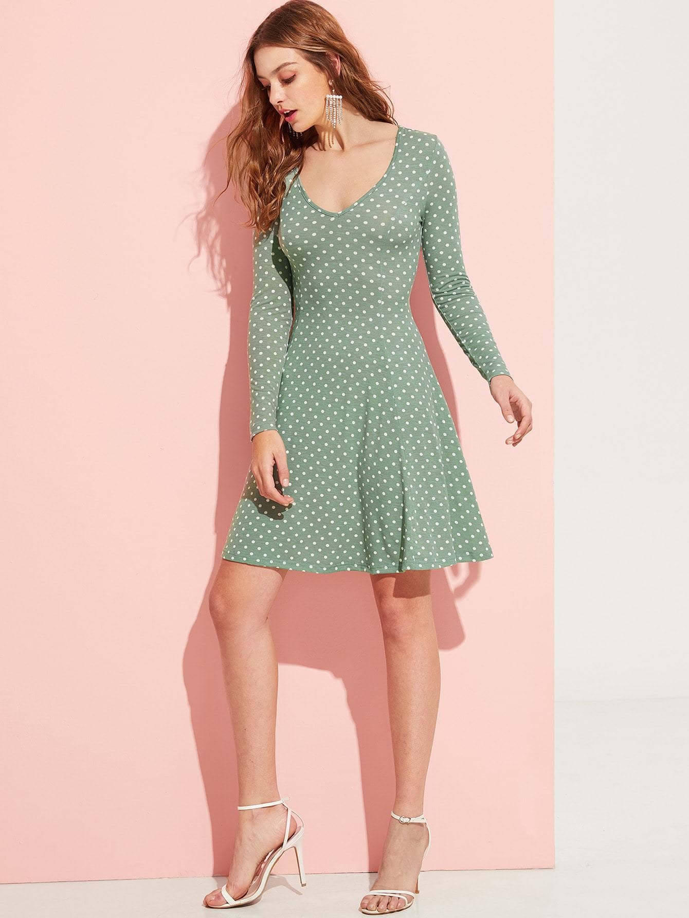 Green Polka Dot Print V Neck Flare Dress