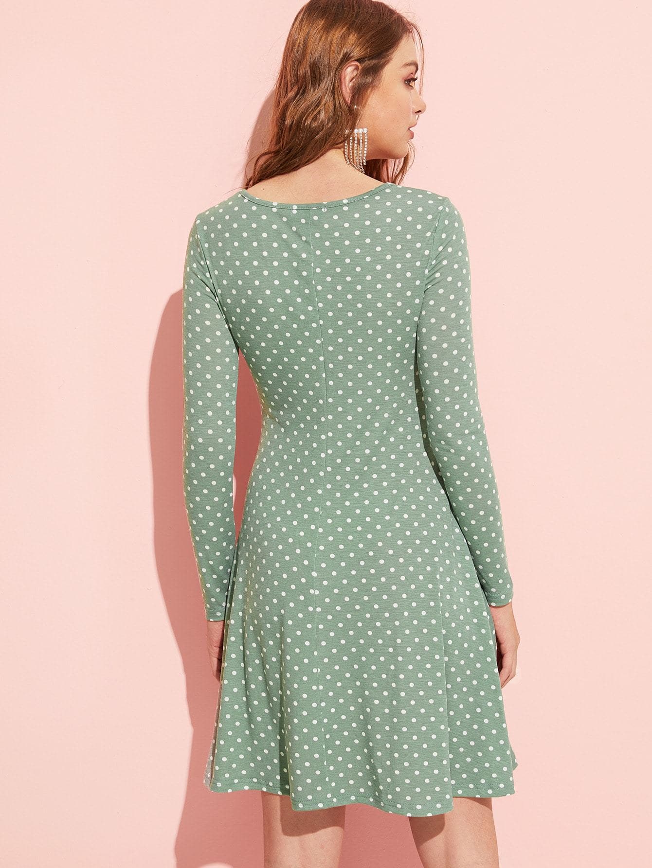 Green Polka Dot Print V Neck Flare Dress