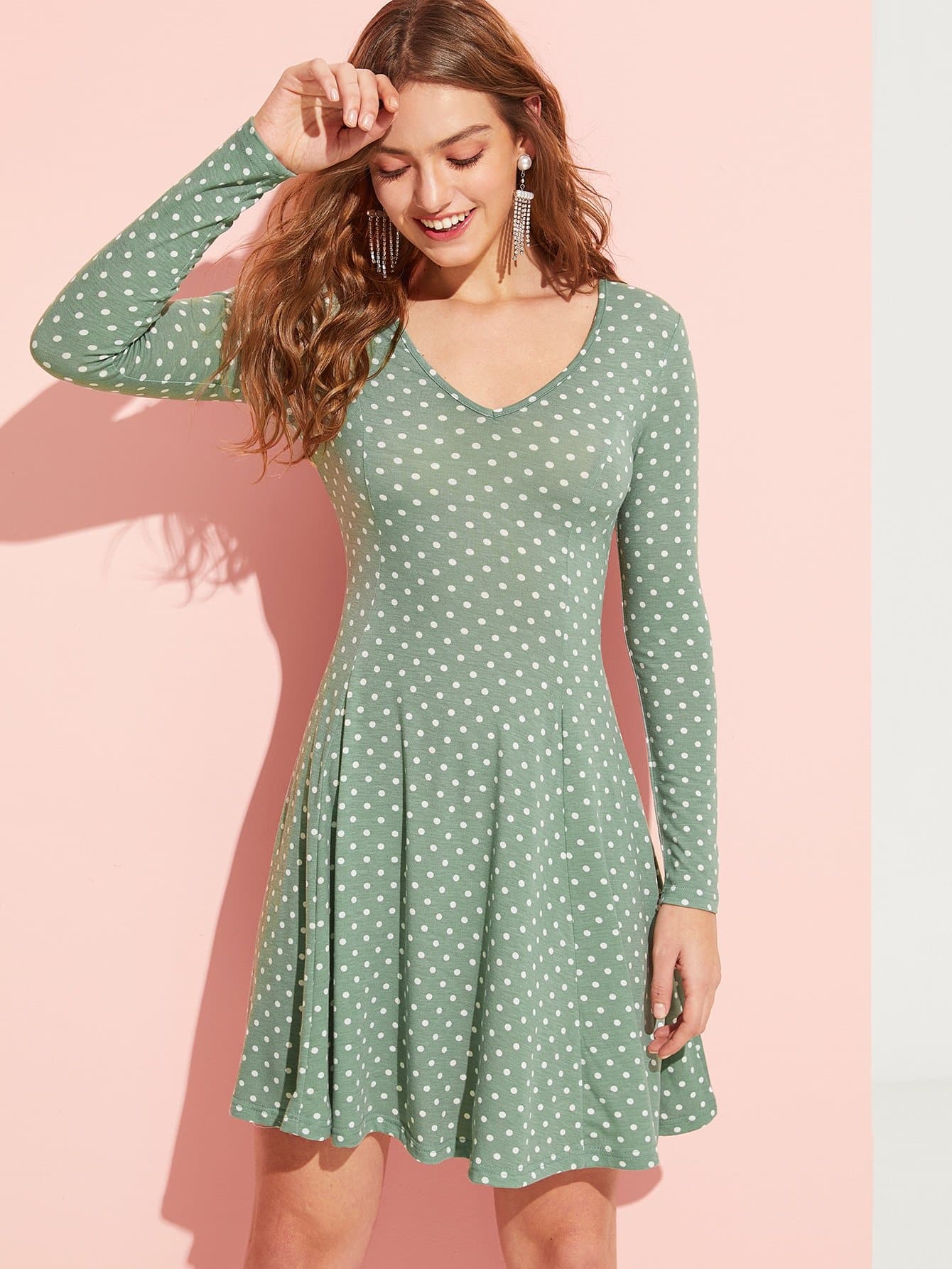 Green Polka Dot Print V Neck Flare Dress