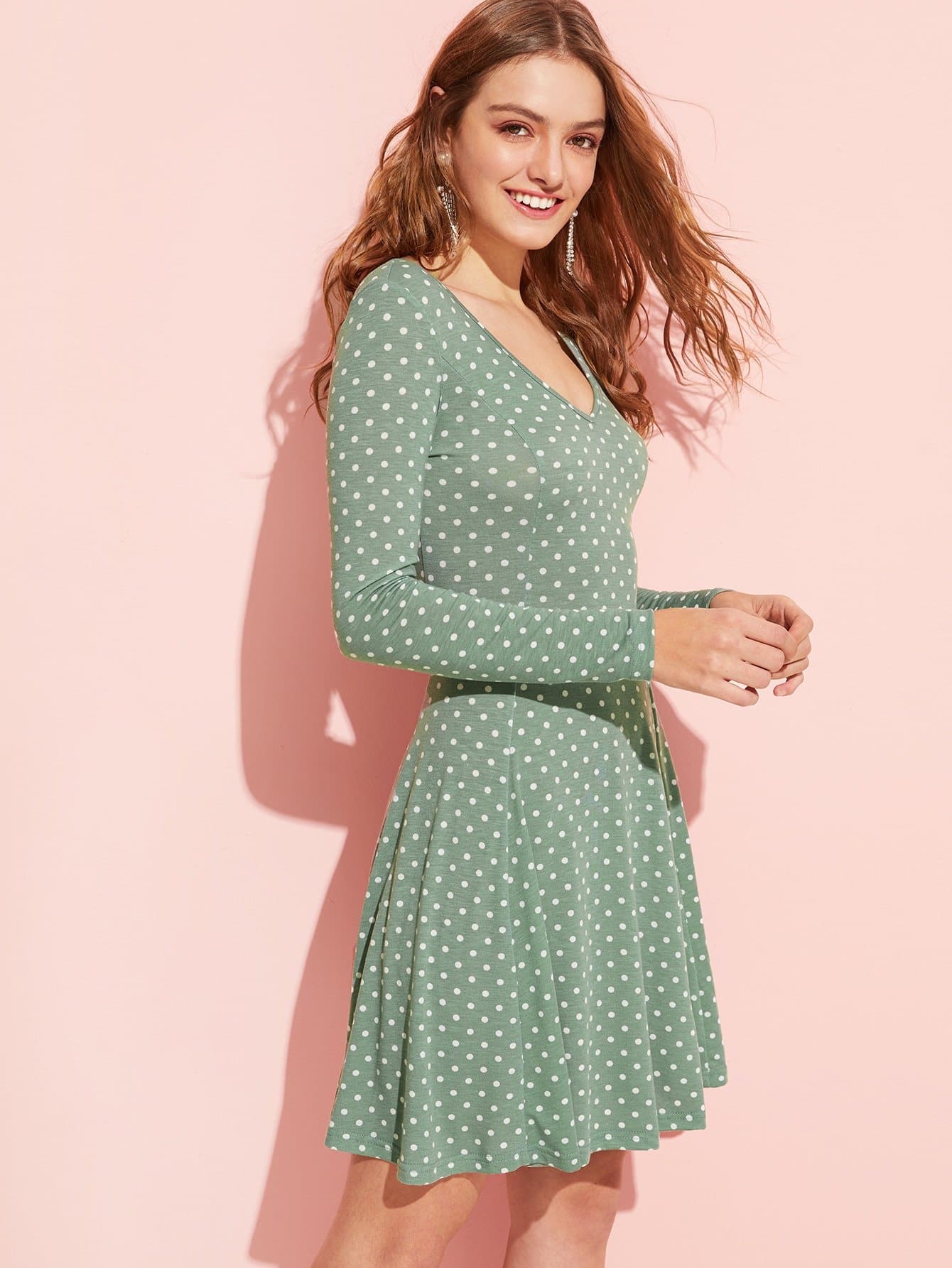 Green Polka Dot Print V Neck Flare Dress