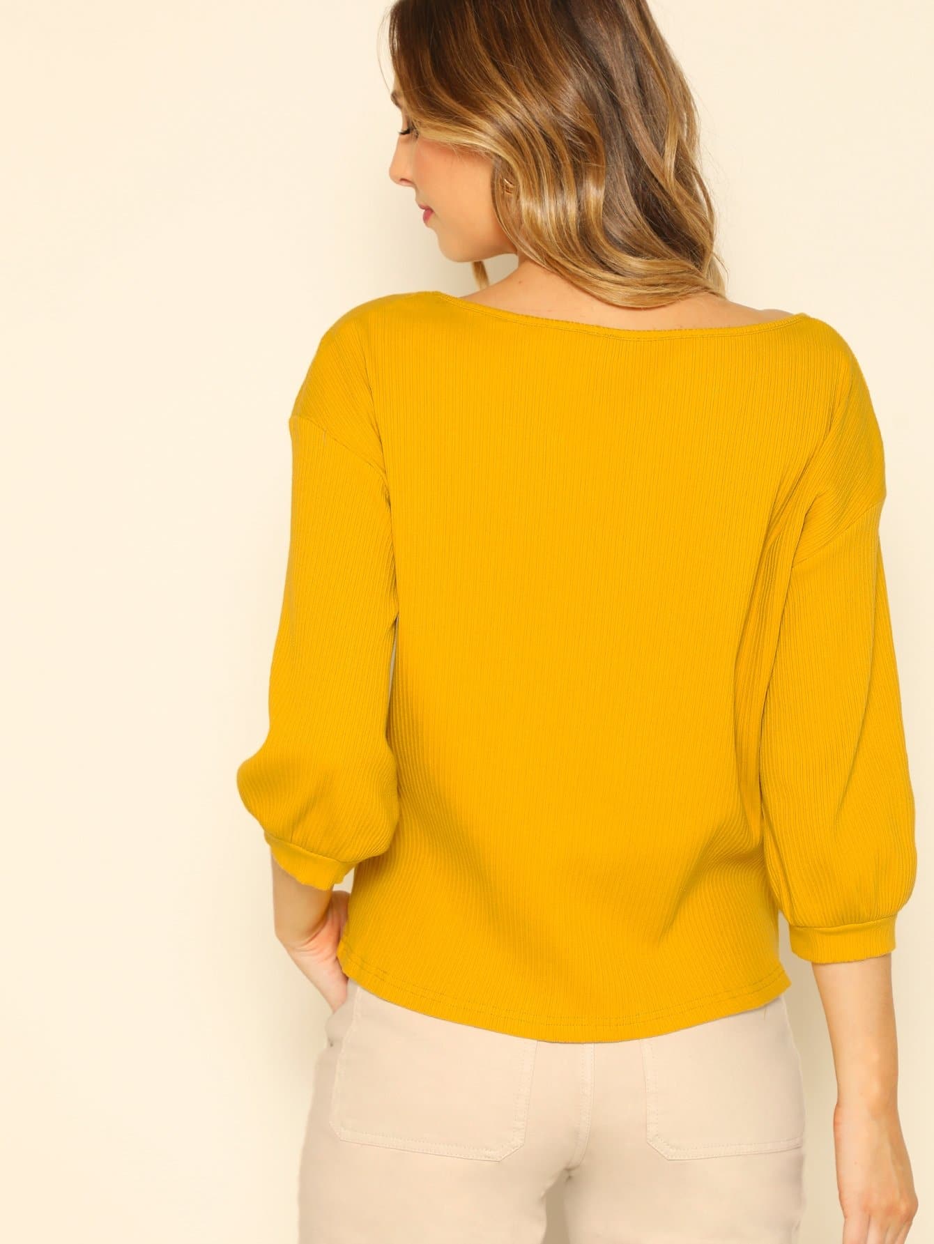 Ginger Rib Knit Square Neck Solid Top