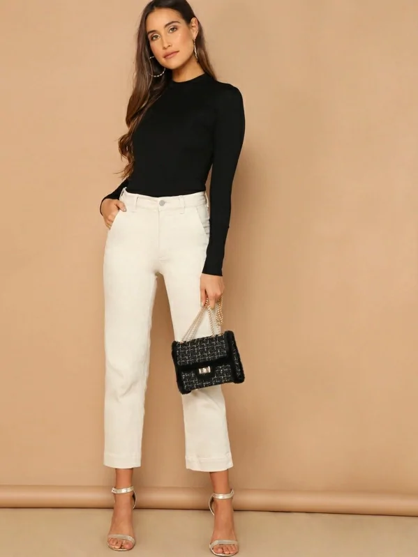 Black Stand Collar Long Sleeve Solid Mock-Neck Form Fitted Top