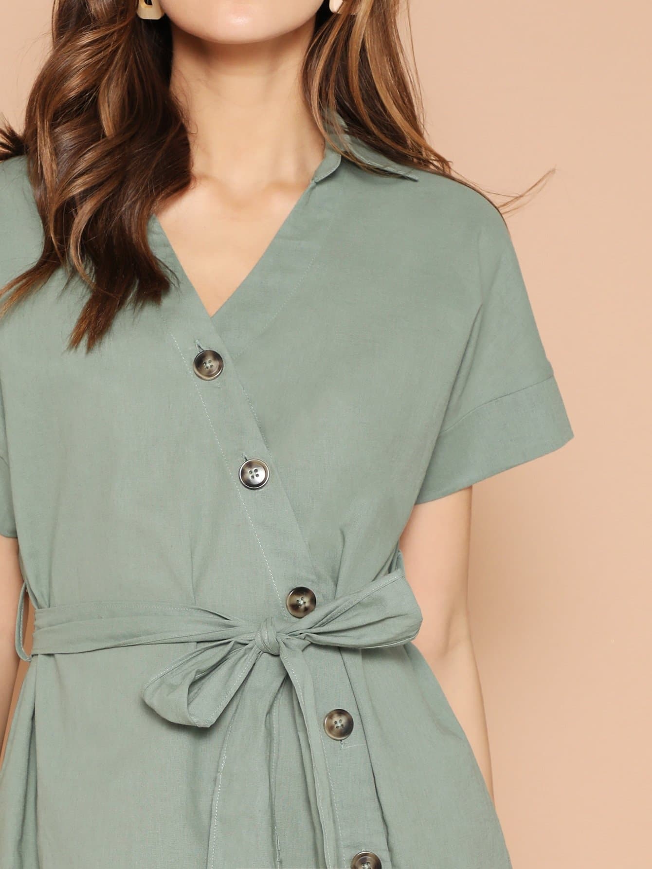 Green V Neck Button Up Curved Dip Hem Dress