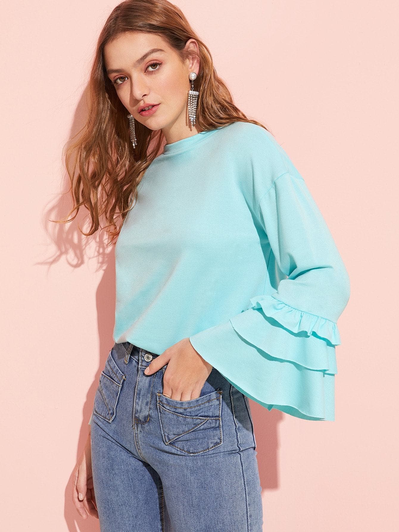 Stand Collar Solid Tiered Ruffle Sleeve Pullover
