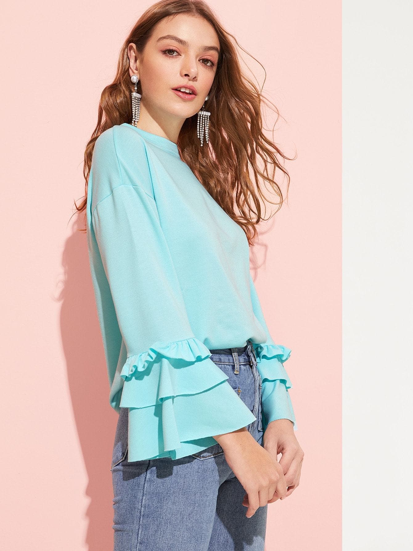 Stand Collar Solid Tiered Ruffle Sleeve Pullover