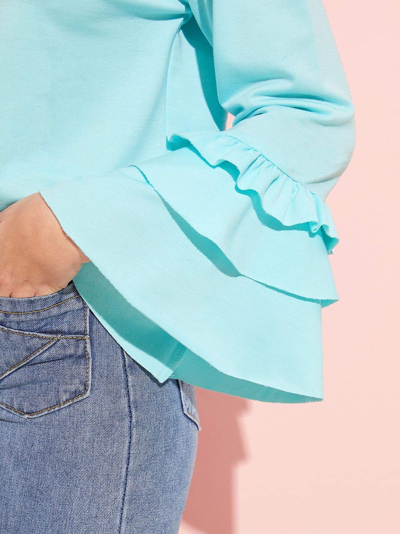 Stand Collar Solid Tiered Ruffle Sleeve Pullover