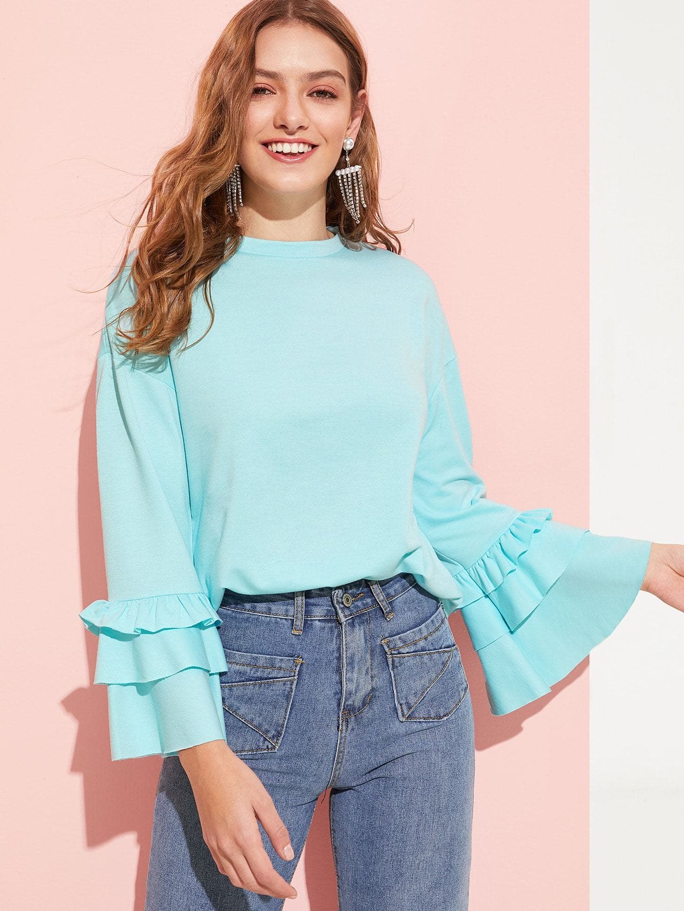 Stand Collar Solid Tiered Ruffle Sleeve Pullover