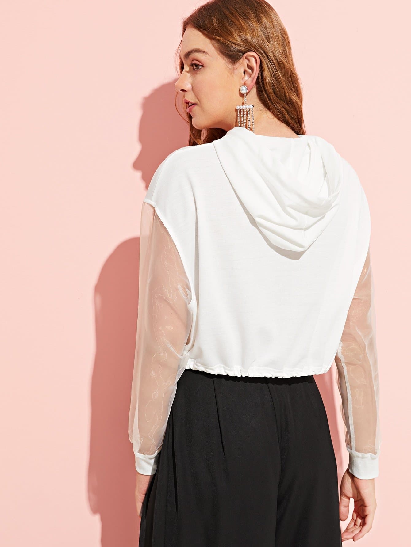 Mesh Sleeve Letter Print Drawstring Hoodie Pullovers