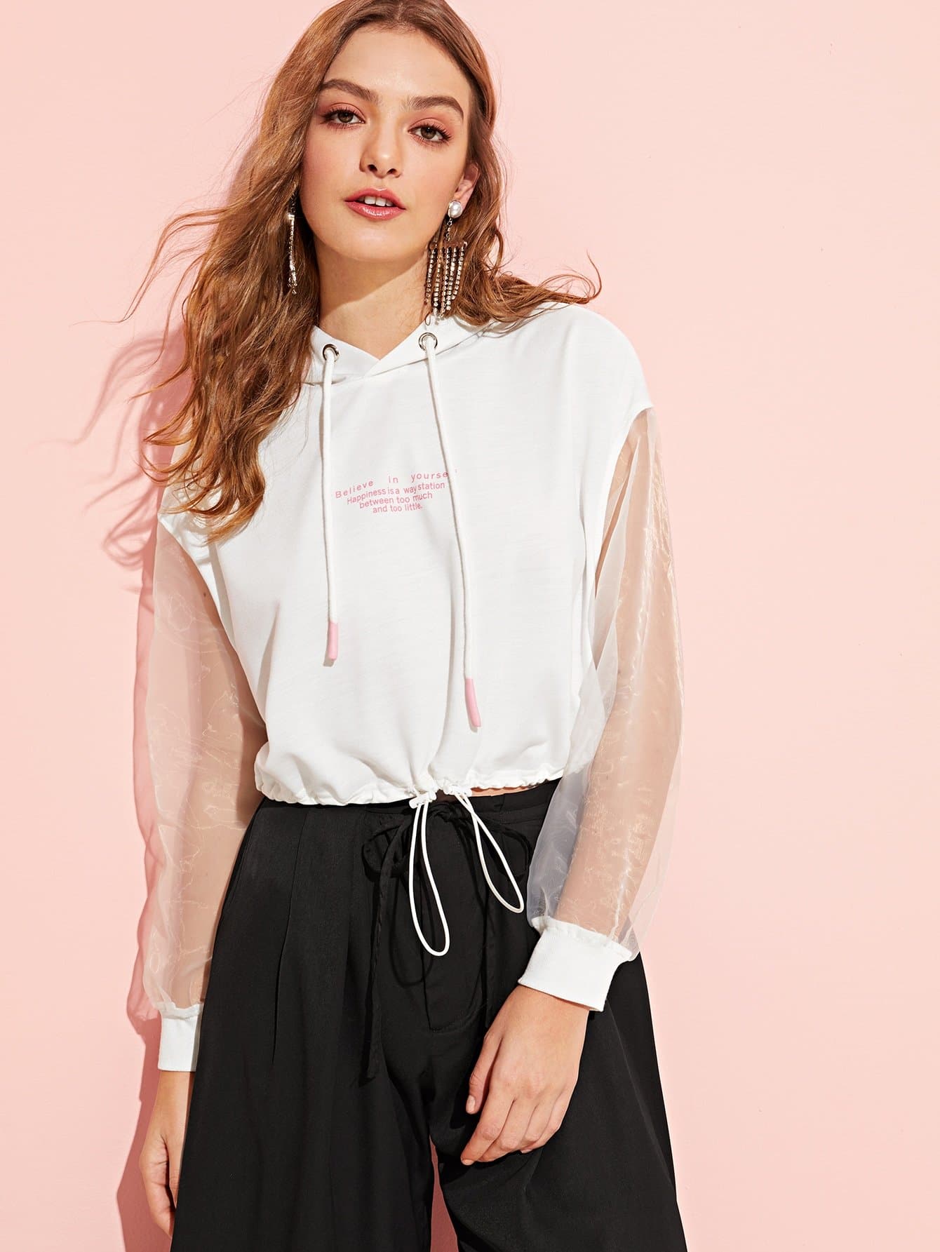 Mesh Sleeve Letter Print Drawstring Hoodie Pullovers