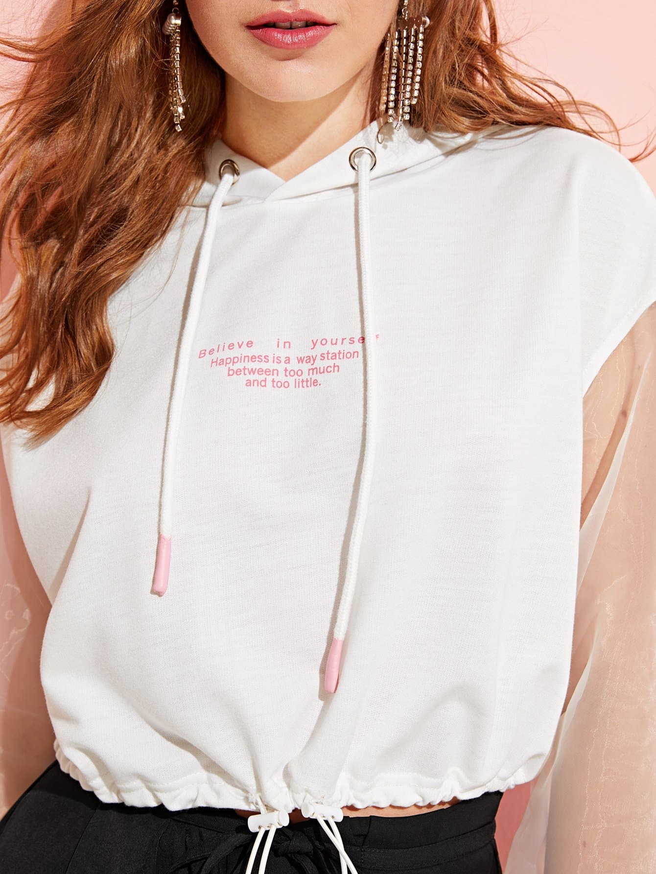 Mesh Sleeve Letter Print Drawstring Hoodie Pullovers