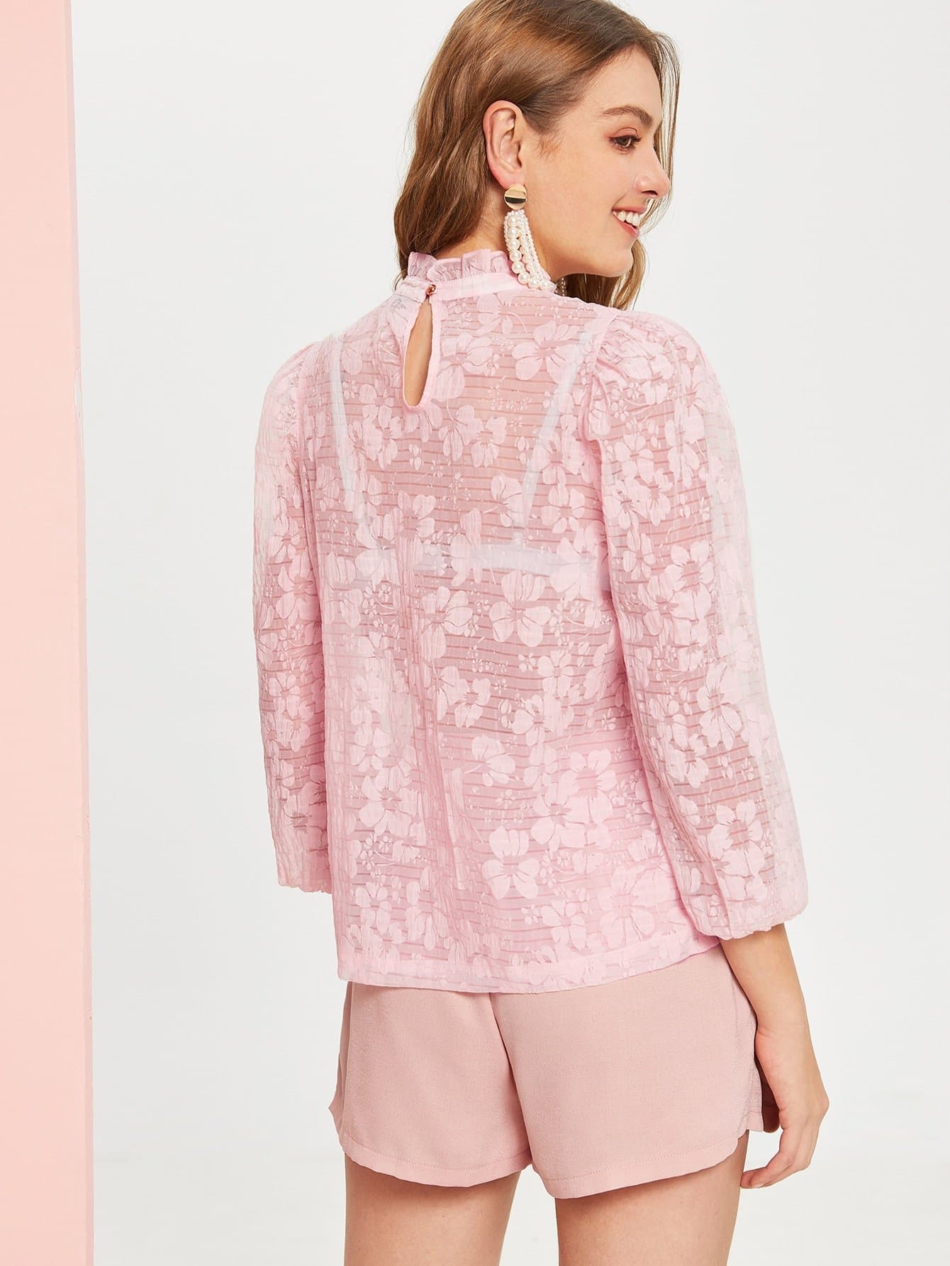 Pink Stand Collar Frilled Neck Lantern Sleeve Jacquard Top