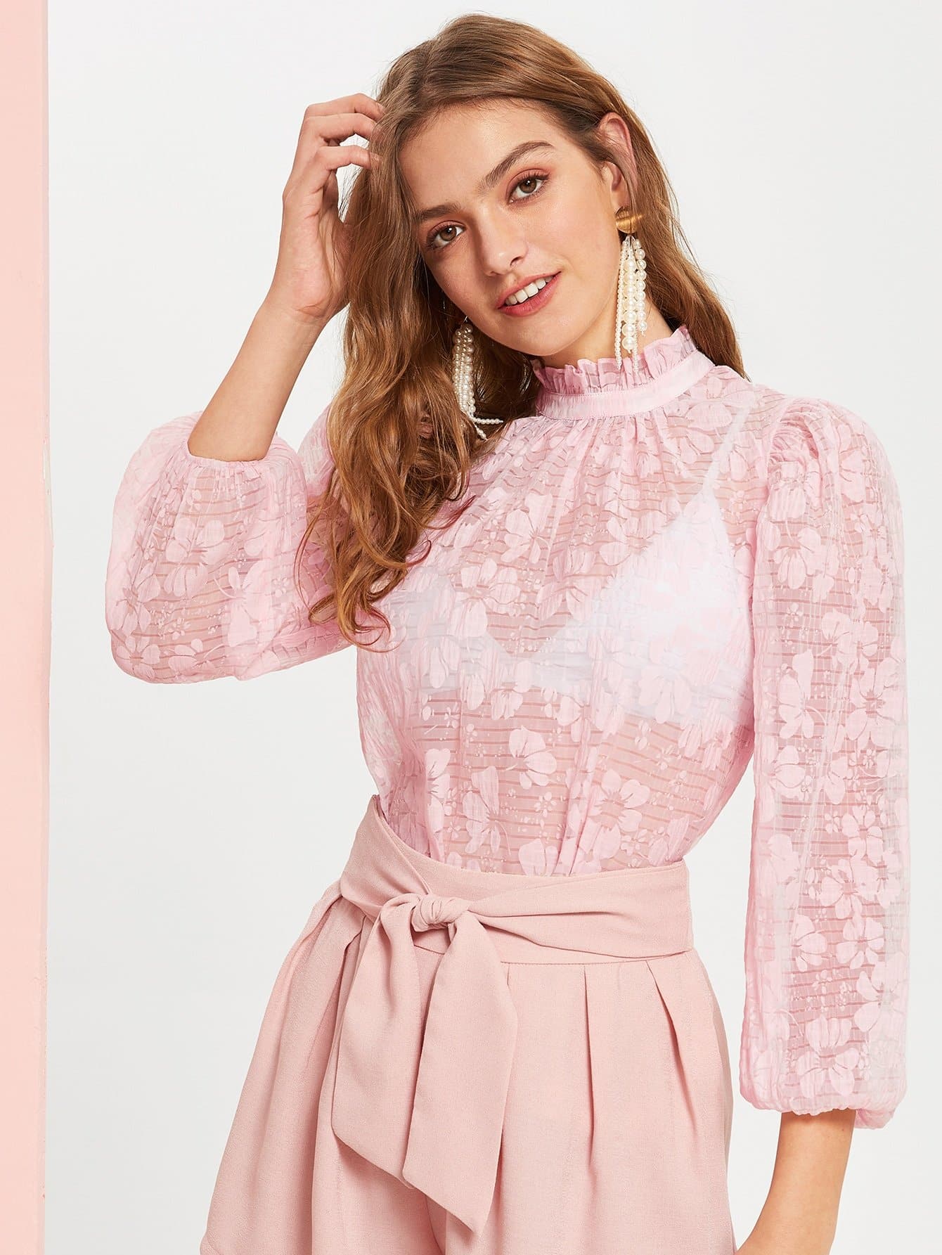 Pink Stand Collar Frilled Neck Lantern Sleeve Jacquard Top