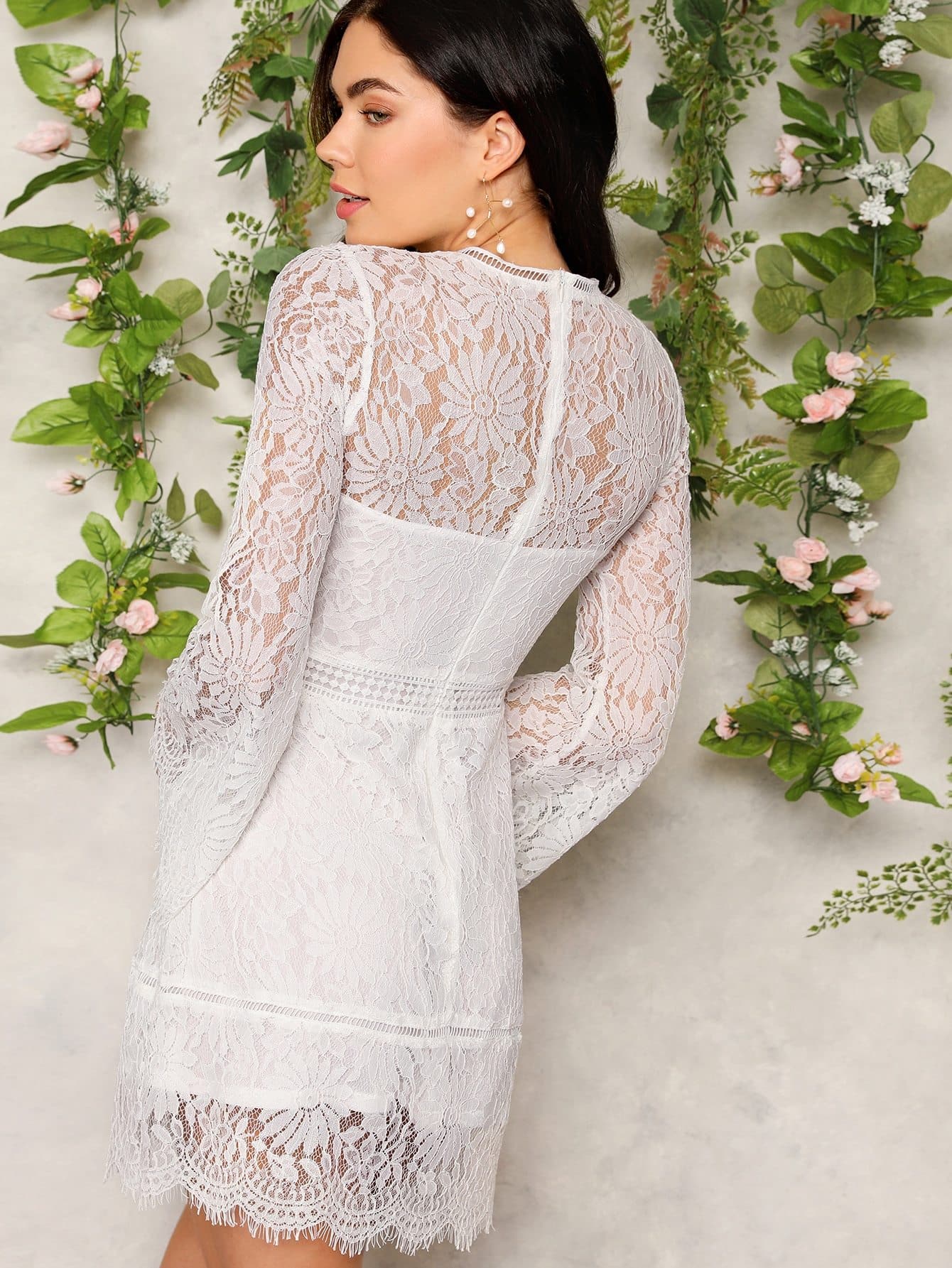 White Nylon Stand Collar Trumpet Sleeve Floral Lace Overlay Dress
