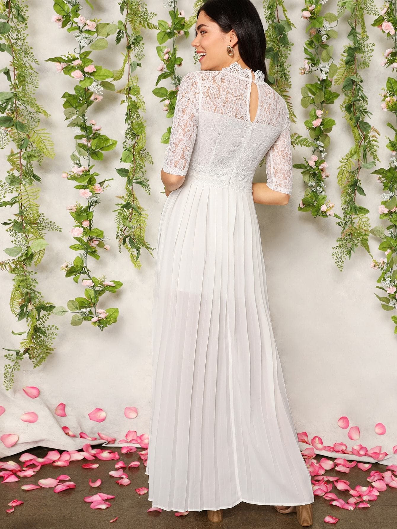 White Mock-Neck Lace Bodice Split Side Pleated Dress